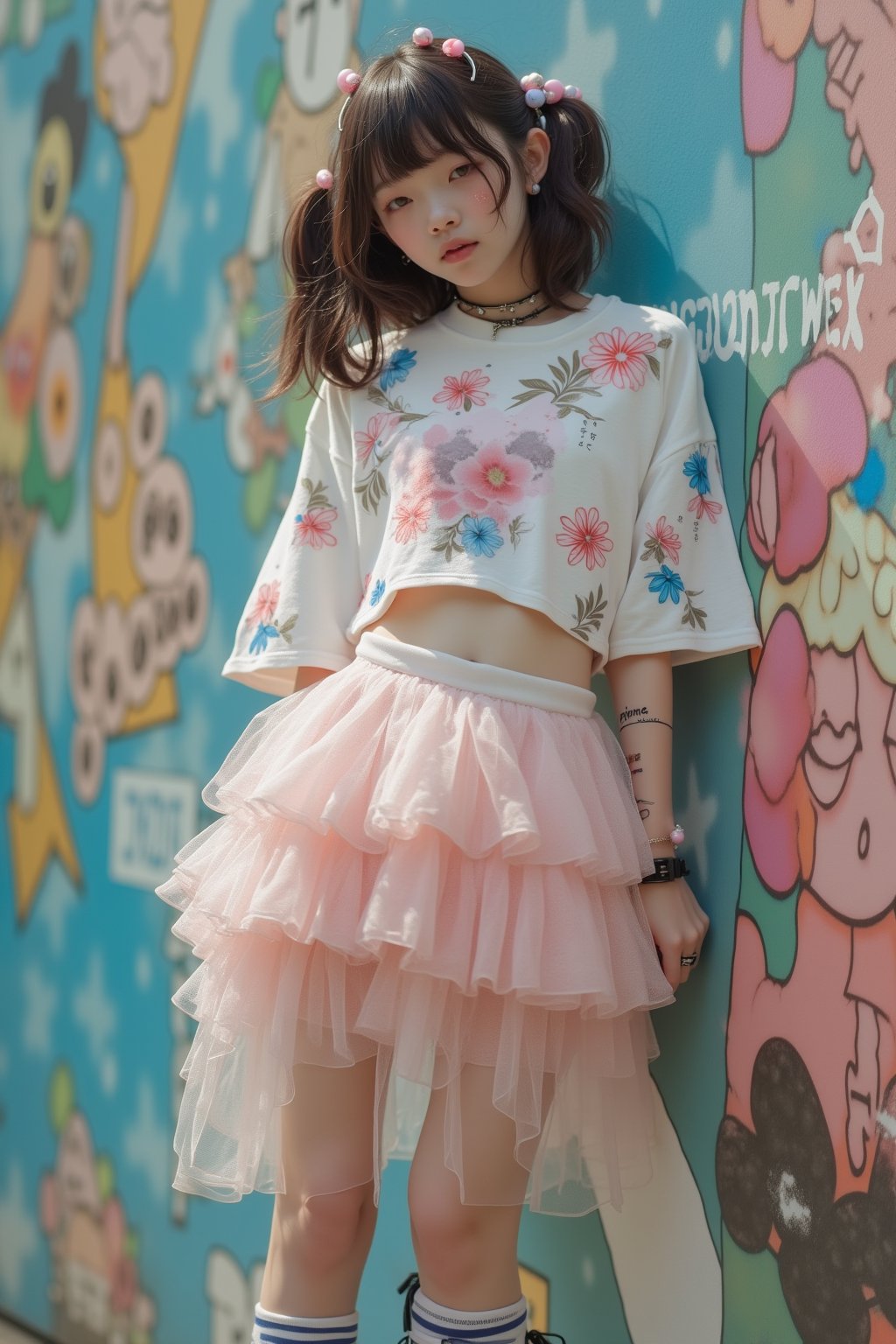 (Cute, kawaii theme: 1.5) (A 20-year-old Japanese super idol with a very slim figure, very flat chest, and very small breasts is wearing a Harajuku kawaii punk outfit and posing in front of cute pop street art.)

(The top is a super short crop long sleeve T-shirt with a Harajuku kawaii punk design, and it is so short that you can see her underboob from the hem.:1.5)
(The skirt is low-rise enough to show her lower abdomen, and is a super micro mini skirt with multiple layers of see-through organza fabric in a jagged frill shape to give it a voluminous feel, so much so that you can almost see her pants.:1.5)
(Thigh-high socks with horizontal stripes:1.5)
(Platform Mary Jane shoes with belt straps:1.5)
(She is posing cutely with her arms spread out happily:1.5)
(Very happy smile:1.5) (Very flat chest:1.5) (Very small chest:1.5)  (A cup breasts: 1.5) (Very thin: 1.5)(High twin tails: 1.4)(Princess cut with bangs: 1.4)(Lower abdomen: 1.5)(Underbust peeking out from under the shirt: 1.8)(Hip bones: 1.5)

Best quality, highest quality, ultra high resolution, 8k, masterpiece UHD, unparalleled masterpiece, ultra realistic 8K, high resolution, vivid and dynamic, unparalleled, focus on her figure, highlight the subject, focus on her, innocent face, 20 years old, adult woman, alone, tangled skin, Japanese, thin, full body, natural smile, shiny skin, shiny skin, tangled skin, fine skin, ultra realistic, ultra realistic PHTO,