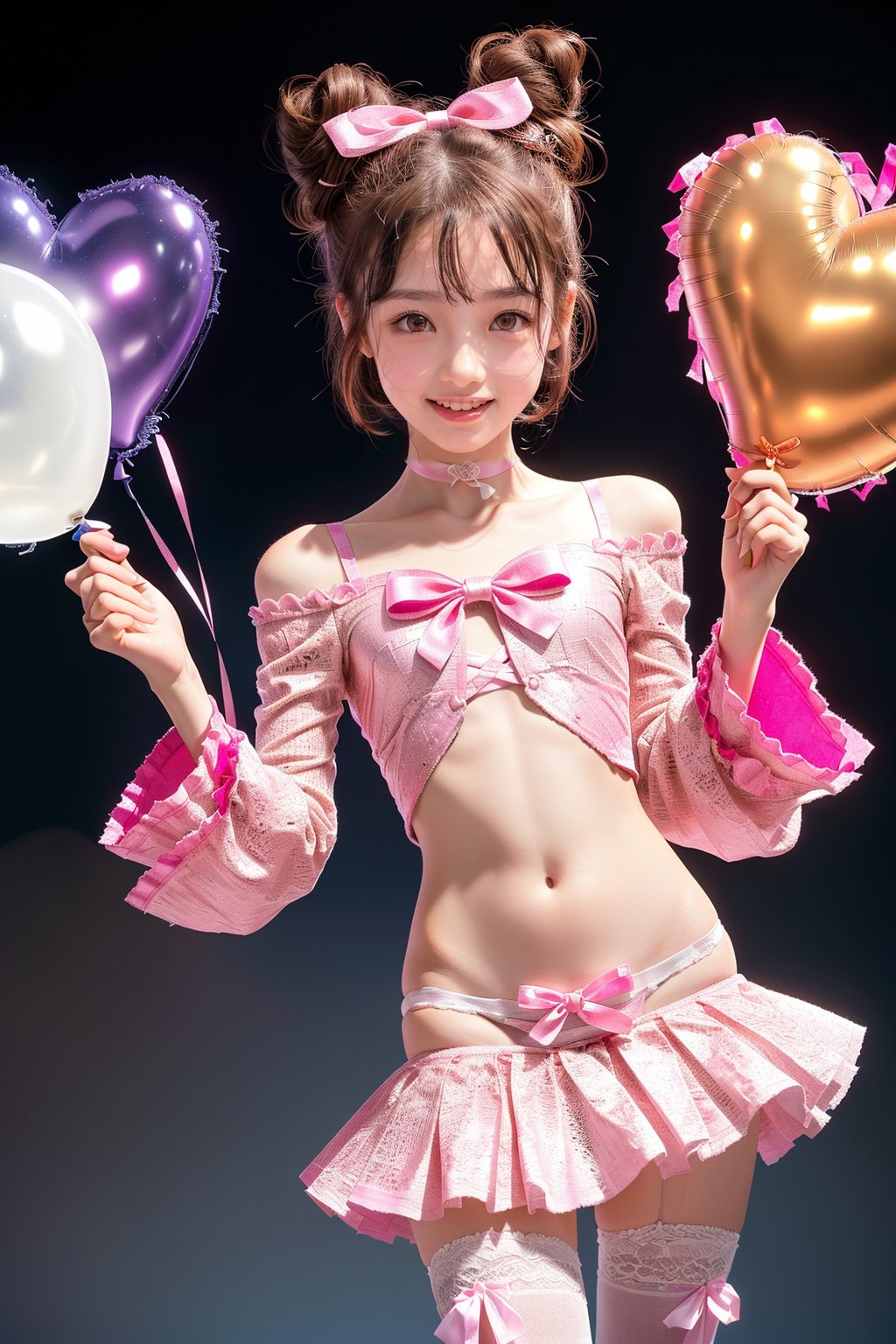 (A room filled with kawaii, with heart-shaped balloons covering the entire surface 1.5)(Lots of heart-shaped balloons: 1.5)(Fluttering heart-shaped balloons: 1.5)

(Staring at the viewer: 1.3)(Random dynamic angles)

(Standing: 1.3)

BREAK (pink, white, kawaii theme: 1.5), (nsfw: 1.2)(light brown hair: 1.4)(twin buns: 1.4)(perfect hands: 1.3)(off-the-shoulder bell sleeve or puff sleeve super micro crop shirt with frills and bow ribbon decoration: 1.5)(frill decoration: 1.4)(ribbon bow decoration: 1.4)(underbust spilling out from the bottom of the shirt: 1.8)(super  Low-rise ultra-micro mini tight skirt: 1.5) (Ultra-low-rise: 1.4) (White lace thigh-high socks: 1.3) (Platform boots: 1.3) (Belly button) (Lower abdomen) (Lower breast: 1.8) (Big, lively, random cute poses with panty shots: 1.6) (Hip bones,: 1.3) (Panty shot: 1.2) (Organza fabric see-through ultra-micro panties: 1.2) (Cameltoe: 1.2) Shot using a high-end professional camera with a wide-angle lens.
Highest quality, highest quality, ultra-high quality resolution, 8k, masterpiece UHD, unparalleled masterpiece, ultra-realistic 8K, high resolution, focus on her unparalleled figure, highlight the subject, focus on her, adult woman, alone, glowing skin, Japanese, slim, full body, natural smile, glowing skin, shiny skin, glowing skin, detailed skin, ultra-realistic, ultra-realistic phpto,