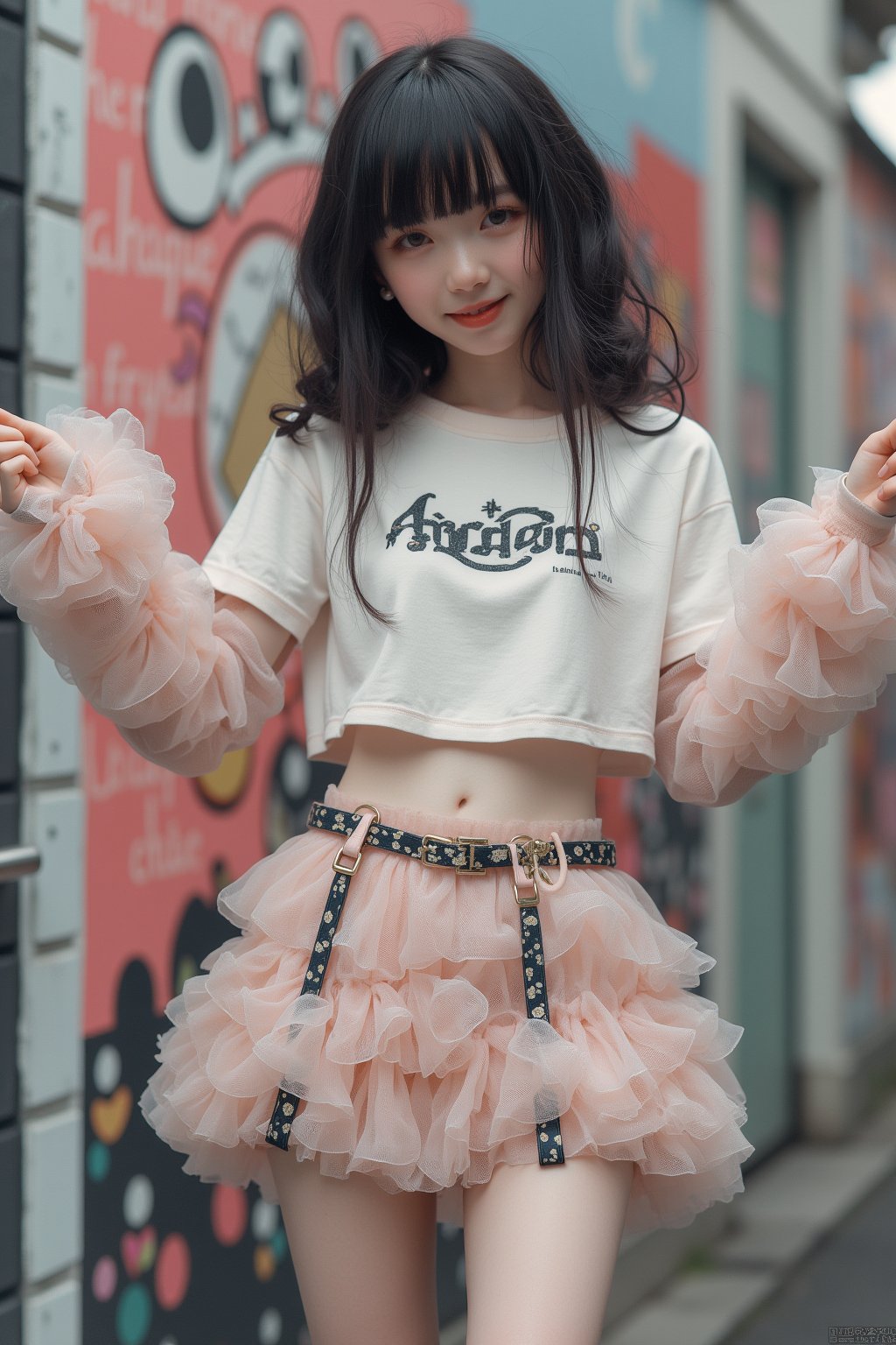 (Cute, kawaii theme: 1.5) (A 20-year-old Japanese super idol with a very slim figure, very flat chest, and very small breasts is wearing a Harajuku kawaii punk outfit and posing in front of cute pop street art.)

(The top is a super short crop long sleeve T-shirt with a Harajuku kawaii punk design, and it is so short that you can see her underboob from the hem.:1.5)
(The skirt is low-rise enough to show her lower abdomen, and is a super micro mini skirt with multiple layers of see-through organza fabric in a jagged frill shape to give it a voluminous feel, so much so that you can almost see her pants.:1.5)
(Thigh-high socks with horizontal stripes:1.5)
(Platform Mary Jane shoes with belt straps:1.5)
(She is posing cutely with her arms spread out happily:1.5)
(Very happy smile:1.5) (Very flat chest:1.5) (Very small chest:1.5)  (A cup breasts: 1.5) (Very thin: 1.5)(High twin tails: 1.4)(Princess cut with bangs: 1.4)(Lower abdomen: 1.5)(Underbust peeking out from under the shirt: 1.8)(Hip bones: 1.5)

Best quality, highest quality, ultra high resolution, 8k, masterpiece UHD, unparalleled masterpiece, ultra realistic 8K, high resolution, vivid and dynamic, unparalleled, focus on her figure, highlight the subject, focus on her, innocent face, 20 years old, adult woman, alone, tangled skin, Japanese, thin, full body, natural smile, shiny skin, shiny skin, tangled skin, fine skin, ultra realistic, ultra realistic PHTO,