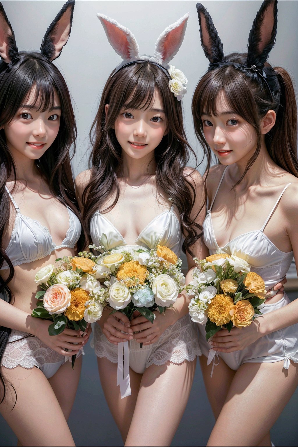 (Multiple super cute slender Japanese girls huddled together holding bouquets looking at the viewer,)High cut Playboy bunny outfits, random hair, different hair ornaments, different accessories, different female focus, makeup, parody, (6+ girls), realistic, different faces, different hair colors, different eye colors, different ages, (different breast sizes,)All slender, skinny, Playboy bunnies, (holding very large wrapped bouquets)