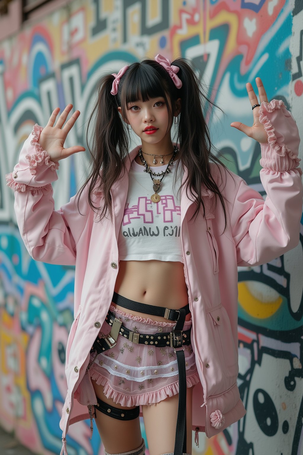 (Cute, kawaii theme: 1.5) (A 20-year-old Japanese super idol with a very slim figure, very flat chest, and very small breasts is wearing a Harajuku kawaii punk outfit and posing in front of cute, pop street graffiti.) (Photographed with a Canon EOS R5, 50mm lens, f/2.8 aperture) 
(Long, high twin tails: 1.4) (Hime cut with bangs:  1.4)(
(The top is a super short cropped long sleeve T-shirt with a Harajuku kawaii punk design, so short that you can see her underboobs.:1.5)
(Harness with studs:1.5)
(Wide bracelet with studs:1.3)(Choker with studs:1.3)
(The skirt is low-rise enough to show her lower abdomen, and is made of multiple layers of see-through organza fabric with jagged cuts to give it a voluminous look, making it a super micro mini skirt that looks like she's wearing pants.:1.5)
(Thigh-high socks with horizontal stripes:1.5)
(Platform Mary Jane shoes with belt straps:1.5)
(She is posing cutely with her arms spread out happily:1.5)
(Very happy smile:1.5) (Very flat chest:1.5) (Very small chest:1.5) (A cup chest:1.5) (Very skinny:  1.5)(High twin tails: 1.4)(Princess cut with bangs: 1.4)(Lower abdomen: 1.5)(Underbust peeking out from under the shirt: 1.8)(Hip bones: 1.5)

Best quality, highest quality, ultra high resolution, 8k, masterpiece UHD, unparalleled masterpiece, ultra realistic 8K, high resolution, vivid and dynamic, unparalleled, focus on her figure, highlight the subject, focus on her, innocent face, 20 years old, adult woman, alone, tangled skin, Japanese, thin, full body, natural smile, shiny skin, shiny skin, tangled skin, fine skin, ultra realistic, ultra realistic PHTO,