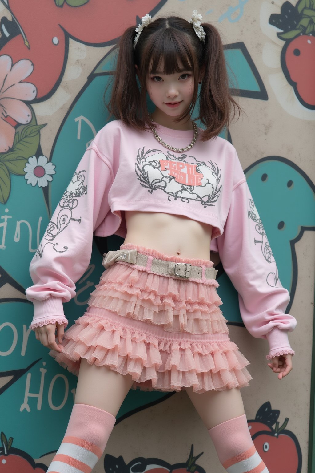 (Cute, kawaii theme: 1.5) (A 20-year-old Japanese super idol with a very slim figure, very flat chest, and very small breasts is wearing a Harajuku kawaii punk outfit and posing in front of cute pop street art.)

(The top is a super short crop long sleeve T-shirt with a Harajuku kawaii punk design, and the bottom of the shirt shows her underboob.:1.5)
(The skirt is low-rise enough to show her lower abdomen, and is made of multiple layers of see-through organza fabric in a frilly pattern, giving it a voluminous look, and it is a super micro mini skirt that looks like she is wearing pants.:1.5)
(Thigh-high socks with horizontal stripes:1.5)
(Platform Mary Jane shoes with belt straps:1.5)
(She is posing cutely with her arms spread out happily:1.5)
(Very happy smile:1.5) (Very flat chest:1.5) (Very small chest:1.5) (A cup chest:1.5) (Very  Thin: 1.5)(High twin tails: 1.4)(Princess cut with bangs: 1.4)(Pubic bone: 1.5)(Underbust peeking out from under the shirt: 1.8)(Hip bone: 1.5)

Best quality, highest quality, ultra high resolution, 8k, masterpiece UHD, unparalleled masterpiece, ultra realistic 8K, high resolution, vivid and dynamic, unparalleled, focus on her figure, highlight the subject, focus on her, innocent face, 20 years old, adult woman, alone, tangled skin, Japanese, thin, full body, natural smile, shiny skin, shiny skin, tangled skin, fine skin, ultra realistic, ultra realistic PHTO,