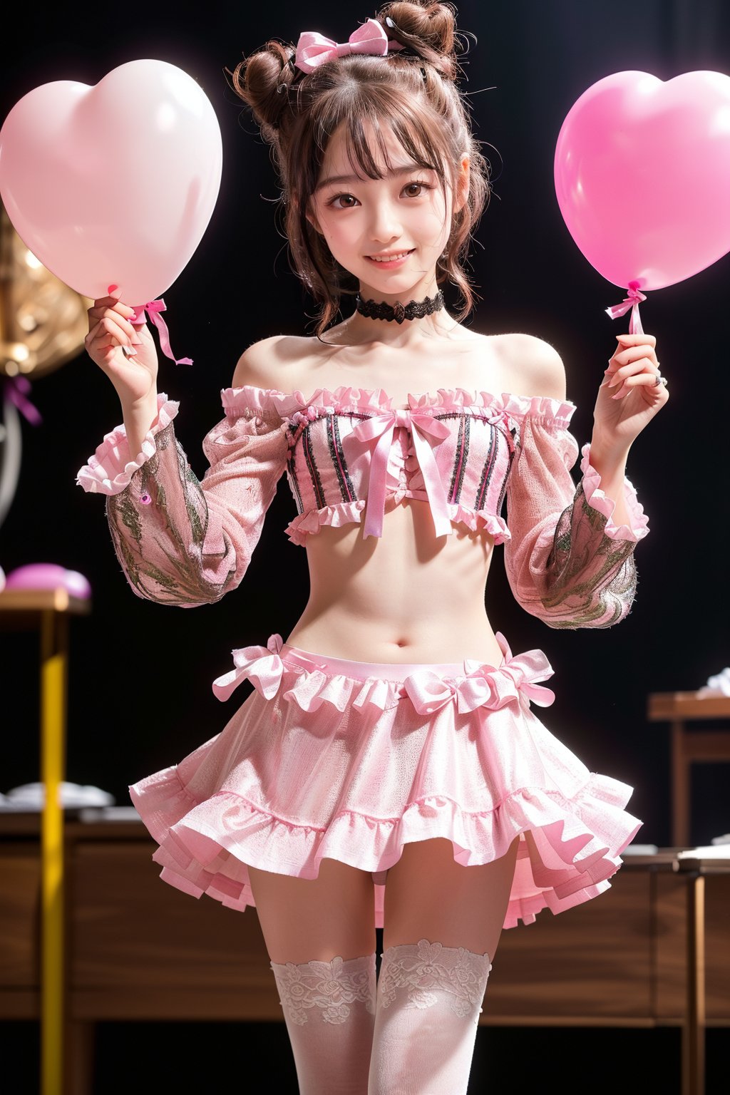 (A room filled with kawaii, with heart-shaped balloons covering the entire surface 1.5)(Lots of heart-shaped balloons: 1.5)(Fluttering heart-shaped balloons: 1.5)

(Staring at the viewer: 1.3)(Random dynamic angles)

(Standing: 1.3)

BREAK (pink, white, kawaii theme: 1.5), (nsfw: 1.2)(light brown hair: 1.4)(twin buns: 1.4)(perfect hands: 1.3)(off-the-shoulder bell sleeve or puff sleeve super micro crop shirt with frills and bow ribbon decoration: 1.5)(frill decoration: 1.4)(ribbon bow decoration: 1.4)(underbust spilling out from the bottom of the shirt: 1.8)(super  Low-rise ultra-micro mini tight skirt: 1.5) (Ultra-low-rise: 1.4) (White lace thigh-high socks: 1.3) (Platform boots: 1.3) (Belly button) (Lower abdomen: 1.3) (Lower breast: 1.8) (Big, lively, randomly cute poses with panty shots from the hem: 1.6) (Hip bones,: 1.3) (Panty shot: 1.2) (Organza fabric see-through ultra-micro panties: 1.2) (Camellia: 1.2) Shot using a high-end professional camera with a wide-angle lens.
Highest quality, highest quality, ultra-high quality resolution, 8k, masterpiece UHD, unparalleled masterpiece, ultra-realistic 8K, high resolution, focus on her unparalleled figure, highlight the subject, focus on her, adult woman, alone, glowing skin, Japanese, slim, full body, natural smile, glowing skin, shiny skin, glowing skin, detailed skin, ultra-realistic, ultra-realistic phpto,