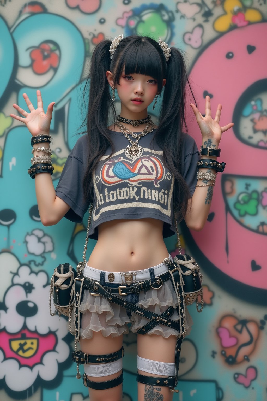 (Cute, kawaii theme: 1.5) (A 20-year-old Japanese super idol with a very slim figure, very flat chest, and very small breasts is wearing a Harajuku kawaii punk outfit and posing in front of cute, pop street graffiti.) (Photographed with a Canon EOS R5, 50mm lens, f/2.8 aperture) 
(Long, high twin tails: 1.4) (Hime cut with bangs:  1.4)(
(The top is a super short cropped long sleeve T-shirt with a Harajuku kawaii punk design, so short that you can see her underboobs.:1.5)
(Harness with studs:1.5)
(Wide bracelet with studs:1.3)(Choker with studs:1.3)
(The skirt is low-rise enough to show her lower abdomen, and is made of multiple layers of see-through organza fabric with jagged cuts to give it a voluminous look, making it a super micro mini skirt that looks like she's wearing pants.:1.5)
(Thigh-high socks with horizontal stripes:1.5)
(Platform Mary Jane shoes with belt straps:1.5)
(She is posing cutely with her arms spread out happily:1.5)
(Very happy smile:1.5) (Very flat chest:1.5) (Very small chest:1.5) (A cup chest:1.5) (Very skinny:  1.5)(High twin tails: 1.4)(Princess cut with bangs: 1.4)(Lower abdomen: 1.5)(Underbust peeking out from under the shirt: 1.8)(Hip bones: 1.5)

Best quality, highest quality, ultra high resolution, 8k, masterpiece UHD, unparalleled masterpiece, ultra realistic 8K, high resolution, vivid and dynamic, unparalleled, focus on her figure, highlight the subject, focus on her, innocent face, 20 years old, adult woman, alone, tangled skin, Japanese, thin, full body, natural smile, shiny skin, shiny skin, tangled skin, fine skin, ultra realistic, ultra realistic PHTO,