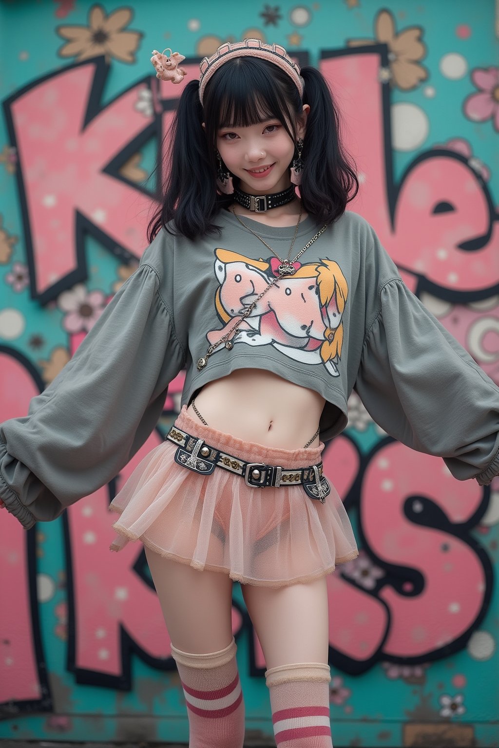 (Cute, kawaii theme: 1.5) (A 20-year-old Japanese super idol with a very slim figure, very flat chest, and very small breasts is wearing a Harajuku kawaii punk outfit and posing in front of cute, pop street graffiti.) (Photographed with a Canon EOS R5, 50mm lens, f/2.8 aperture) 
(Long, high twin tails: 1.4) (Hime cut with bangs:  1.4)(
(The top is a super short cropped long sleeve T-shirt with a Harajuku kawaii punk design, so short that you can see her underboobs.:1.5)
(Harness with studs:1.5)
(Wide bracelet with studs:1.3)(Choker with studs:1.3)
(The skirt is low-rise enough to show her lower abdomen, and is made of multiple layers of see-through organza fabric with jagged cuts to give it a voluminous look, making it a super micro mini skirt that looks like she's wearing pants.:1.5)
(Thigh-high socks with horizontal stripes:1.5)
(Platform Mary Jane shoes with belt straps:1.5)
(She is posing cutely with her arms spread out happily:1.5)
(Very happy smile:1.5) (Very flat chest:1.5) (Very small chest:1.5) (A cup chest:1.5) (Very skinny:  1.5)(High twin tails: 1.4)(Princess cut with bangs: 1.4)(Lower abdomen: 1.5)(Underbust peeking out from under the shirt: 1.8)(Hip bones: 1.5)

Best quality, highest quality, ultra high resolution, 8k, masterpiece UHD, unparalleled masterpiece, ultra realistic 8K, high resolution, vivid and dynamic, unparalleled, focus on her figure, highlight the subject, focus on her, innocent face, 20 years old, adult woman, alone, tangled skin, Japanese, thin, full body, natural smile, shiny skin, shiny skin, tangled skin, fine skin, ultra realistic, ultra realistic PHTO,