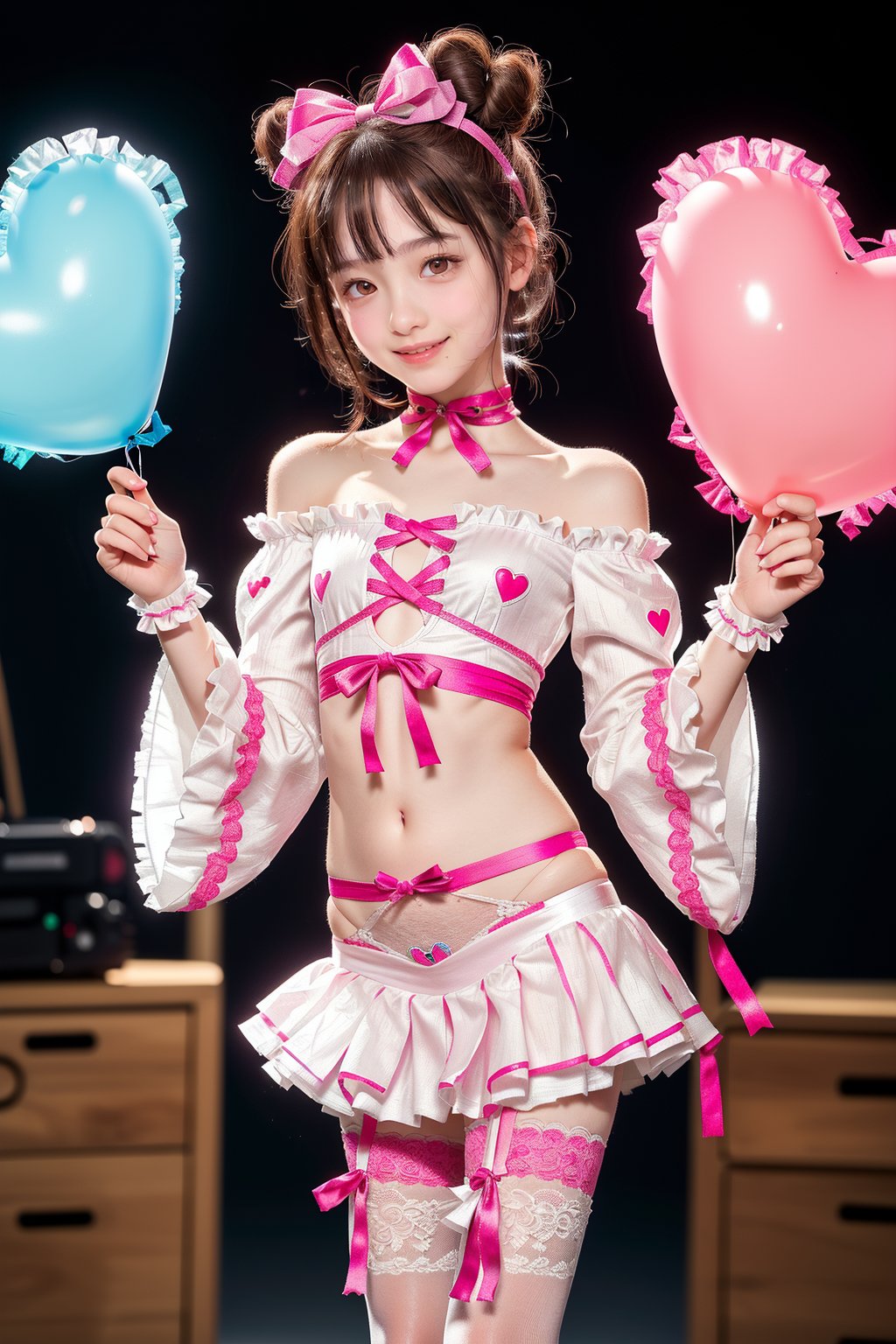 (A cute bedroom filled with heart-shaped balloons and kawaii 1.5)(Lots of heart-shaped balloons: 1.5)(Fluttering heart-shaped balloons: 1.5)

(Staring at the viewer: 1.3)(Random dynamic angles)

(Standing: 1.3)

BREAK (pink, white, kawaii theme: 1.5), (nsfw: 1.2)(light brown hair: 1.4)(twin buns: 1.4)(perfect hands: 1.3)(off-the-shoulder bell sleeve or puff sleeve super micro crop shirt with frills and bow ribbon decoration: 1.5)(frill decoration: 1.4)(ribbon bow decoration: 1.4)(underbust spilling out from the bottom of the shirt: 1.8)(super  Low-rise ultra-micro mini tight skirt: 1.5) (Ultra-low-rise: 1.4) (White lace thigh-high socks: 1.3) (Platform boots: 1.3) (Belly button) (Lower abdomen: 1.3) (Lower breast: 1.8) (Big, lively, randomly cute poses with panty shots from the hem: 1.6) (Hip bones,: 1.3) (Panty shot: 1.2) (Organza fabric see-through ultra-micro panties: 1.2) (Camellia: 1.2) Shot using a high-end professional camera with a wide-angle lens.
Highest quality, highest quality, ultra-high quality resolution, 8k, masterpiece UHD, unparalleled masterpiece, ultra-realistic 8K, high resolution, focus on her unparalleled figure, highlight the subject, focus on her, adult woman, alone, glowing skin, Japanese, slim, full body, natural smile, glowing skin, shiny skin, glowing skin, detailed skin, ultra-realistic, ultra-realistic phpto,