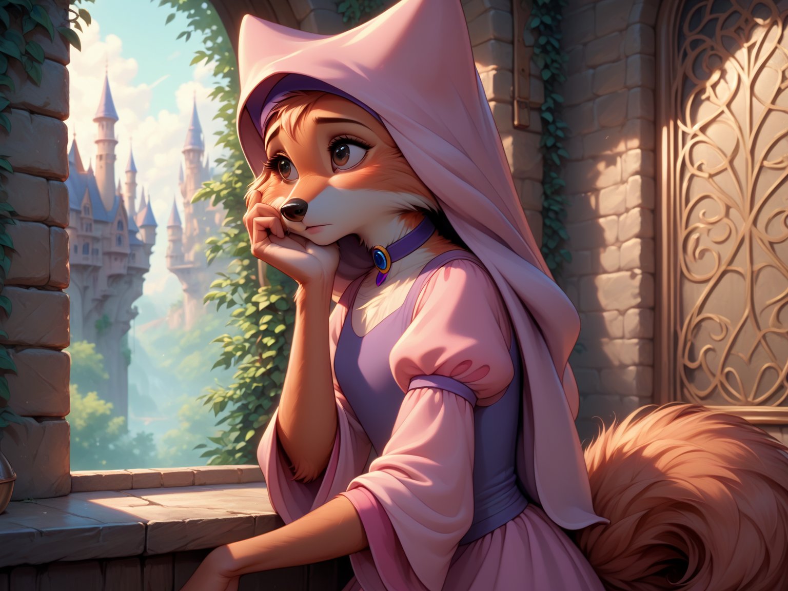 Score_9, score_8_up, score_7_up, score_6_up, score_5_up, MAID MARIAN, DISNEY, RETRO ARTSTYLE, anthro FEMALE FOX, eyelashes, detailed eyelashes, Detailed face, beautiful_eyes, detailed eyes, brown_eyes, Ultra HD, high-quality, high quality, best quality, wearing choker, wimple, pink dress, fully clothed, full_body. 
BREAK
Inside a castle, stone walls, sitting on windowsill, forest and castle in distance,  gazing thoughtfully outside, looking away, viewed from side, sad, longing expression, depressed, hand on cheek, resting chin on hand, elbow on windowsill, eyes rolling, sighing, lonely, lonesome, warm light, pastel colours.
BREAK
Score_PnyReal,flatee,v3rd,detailed fur,MegaFluffyPony, furry, fluffy