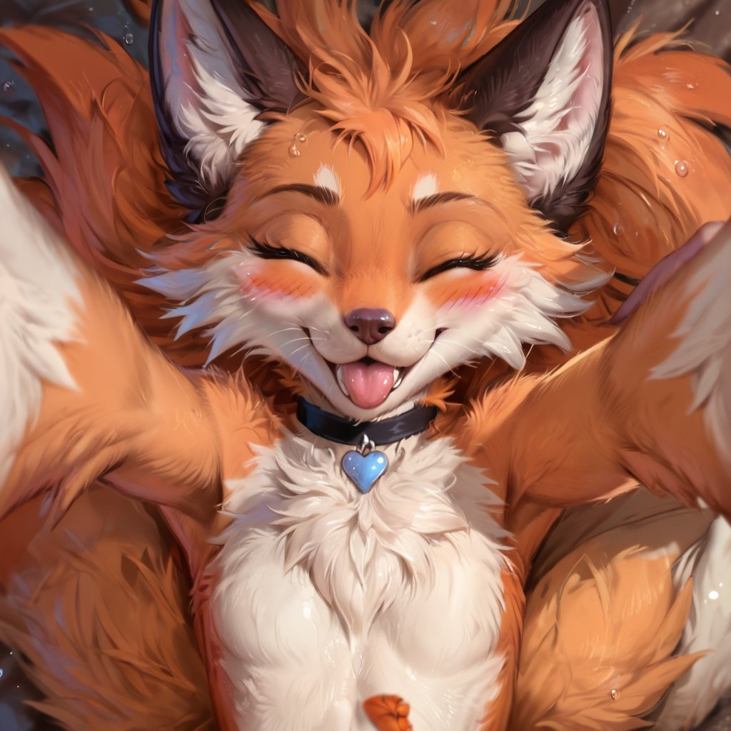 score_9, score_9_up, score_8_up, score_7_up, score_6_up, score_5_up, source_furry, female anthro, furry female, female fox, cute, orange_fur,  skinny, lithe, slender, thin, fluffy fur, blushing, fluffy chest tuft, whiskers, black choker, detailed fur, blush, hearts, upper_body, close-up, face focus, headshot, portrait, 
BREAK
Furry, Monster, ,cheekytongue, hands next to face, reaching up, open hands, empty hands,  paw pads, showing hands, hands over head, open fingers, eyes closed, blurting at viewer, razzberry, water drops on lens