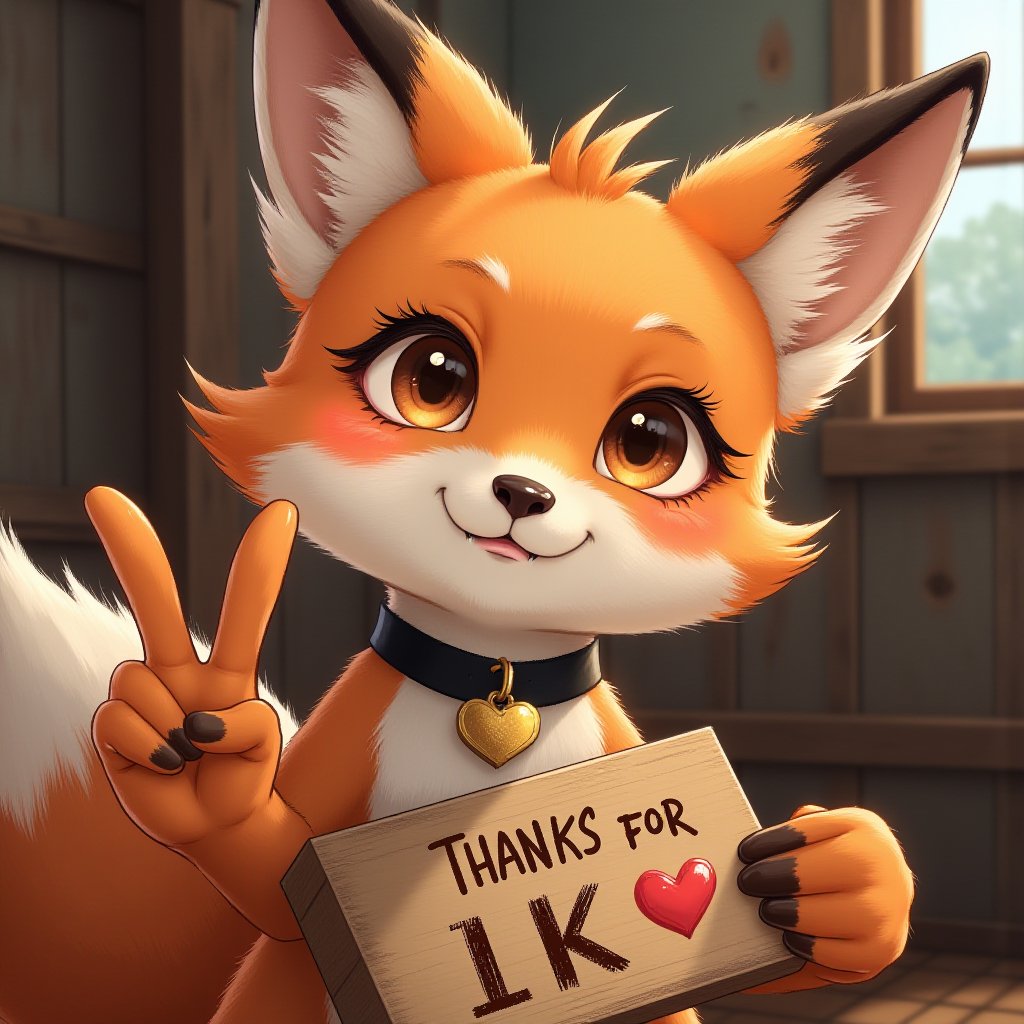 A delightful semi-realistic portrait of an anthro female fox! The close-up shot captures her adorable face, featuring bright brown eyes and a blush on her cheeks. Her extremely fluffy fur is orange-hued, with a distinctive fluffy tuft on her chest. Whiskers frame her heart-shaped face as she gazes upwards with a coy expression, biting her lower lip and blushing deeply, acting like one in love. her left hand reaching up showcasing paw pads and fingers outstretched in a v-sign, victory sign. In her other hand she holds a wood sign which reads "THANKS FOR 1K ♥️" in bold, brush-stroked letters. female anthro, furry female, female fox, cute, orange_fur, brown eyes, skinny, lithe, slender, thin, fluffy fur, blushing, fluffy chest tuft, whiskers, black choker with gold heart tag, detailed fur, blush, hearts, upper_body, close-up, face focus, headshot_portrait, indoors, wooden village, window, snaggletooth, shy, coy, demure, bedroom eyes