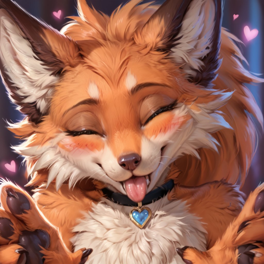 score_9, score_9_up, score_8_up, score_7_up, score_6_up, score_5_up, source_furry, female anthro, furry female, female fox, cute, orange_fur, brown eyes, skinny, lithe, slender, thin, fluffy fur, blushing, fluffy chest tuft, whiskers, black choker, detailed fur, blush, hearts, upper_body, close-up, face focus, headshot, portrait, 
BREAK
Furry, Monster, ,cheekytongue, hands next to face, reaching up, open hands, empty hands, showing paw pads, showing hands, fingers outstretched, eyes closed