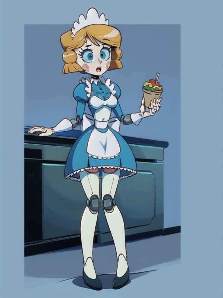 3mmy,  high details, high quality, textured skin, accurate, anatomically correct, HD, maiddress,
[surprised], 1girl, sleek legs, (simple_background), 
robot_skin, android_skin, maidheadpiece, Maid Clothing, maid skirt, [android], robot eyes, medium_breasts, is flipping burgers near kitchen stove