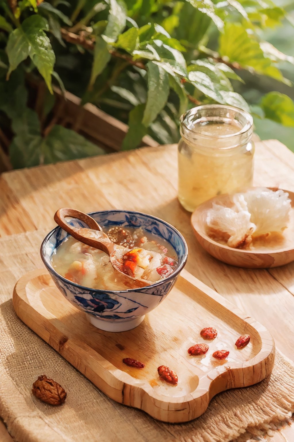 a bird, a bear The bird stands next to the bowl of soup, Bowl of Bird's Nest Soup,Masterpiece, 1 spoon, wooden bowl, outdoors, tree,Bird's Nest Jar,Animal, best hand