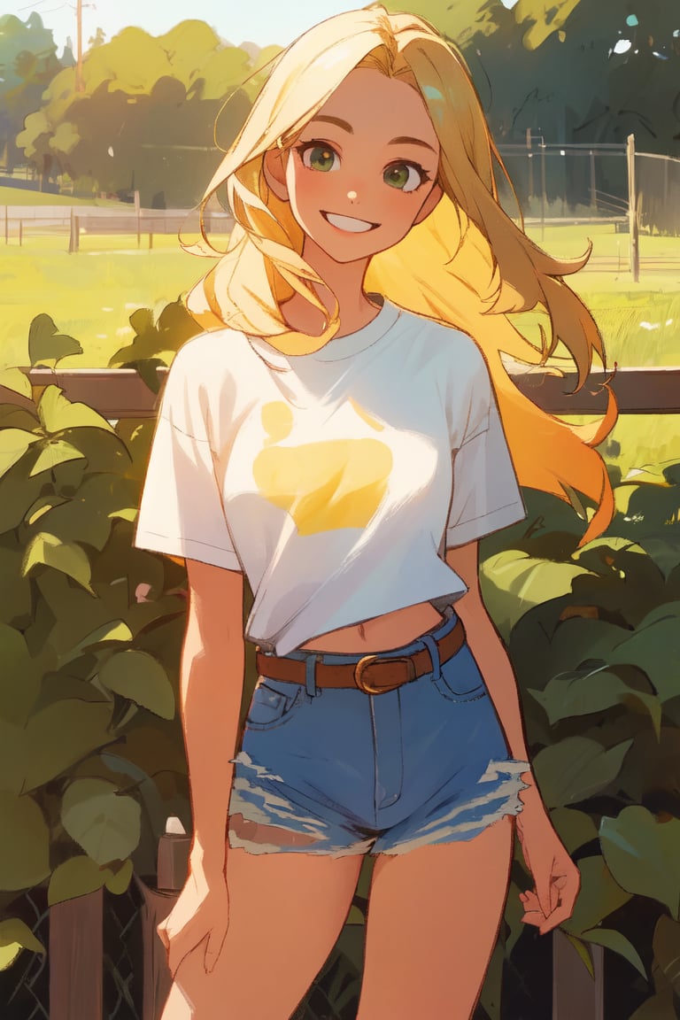 1girl, solo, long hair, smile, blonde hair, shirt, white shirt, outdoors, shorts, belt, denim, denim shorts, realistic, fence