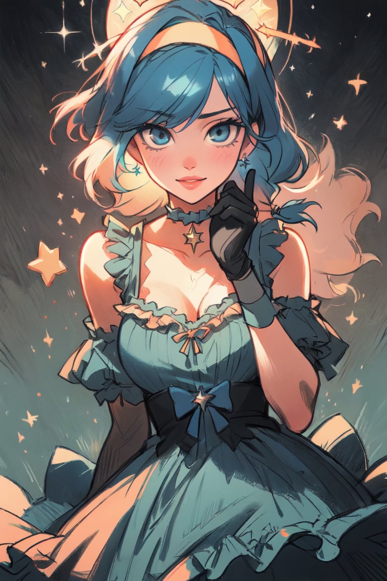 A stunning ink style image! A cute, beautiful woman with ultra-detailed, round, big, droopy blue eyes and a sweet smile gazes directly at the viewer. Her short, blue hair is tied back in a braid with a bow hairband, adorned with a white halo and cat gloves. Detailed elegand dress (light-colored frilled dress) with a choker and sparkles around her eyes, creating an enchanting fantasy scene. The bright, pastel-toned background features a star symbol, adding to the playful, excited atmosphere.dark blue, ClrSkt, deep blue, mature female, dark blue hair, lips parted, mature woman, womanly sexuality, elegance, realistic