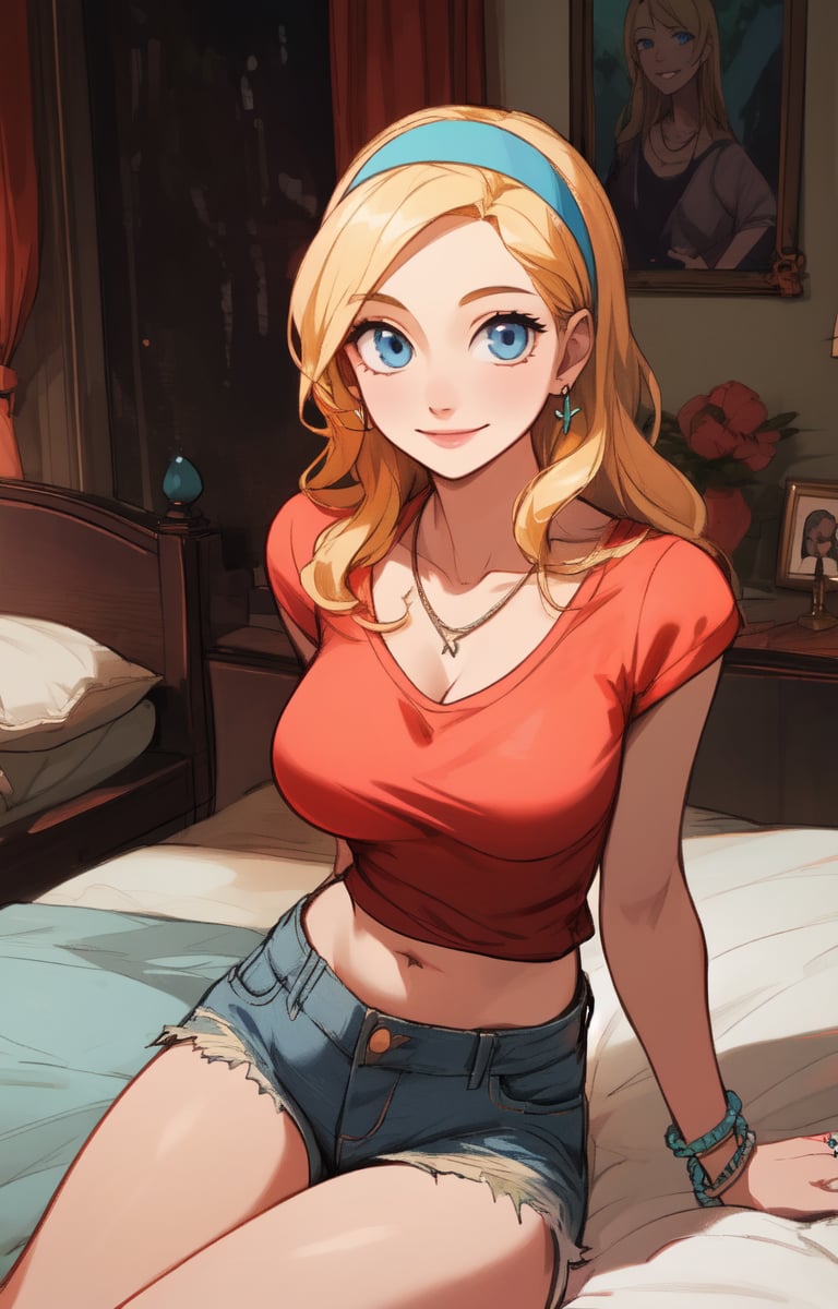 1girl, solo, long hair, looking at viewer, smile, blue eyes, blonde hair, jewelry, hairband, shorts, indoors, necklace, bracelet, bed, ring, denim, realistic