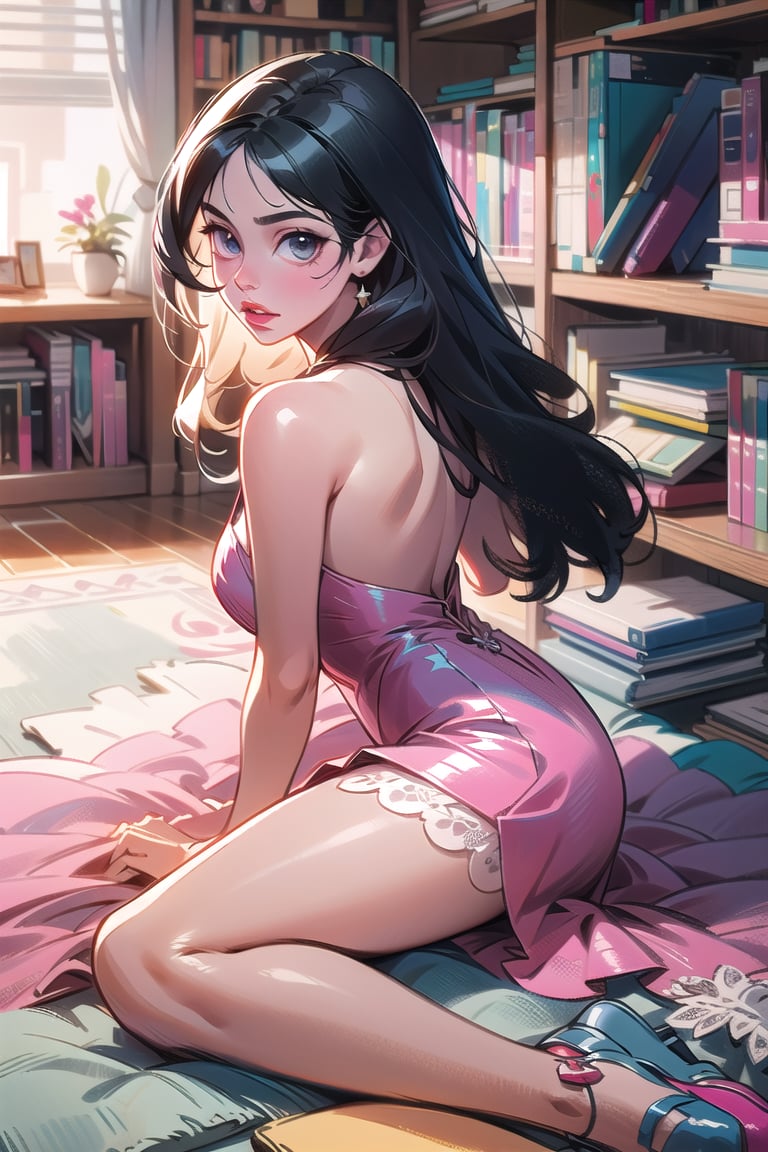 1girl, solo, long hair, black hair, dress, sitting, lips, pink dress, realistic, bookshelf, leaning head against bookshelf, looking at viewer, longing look, legs on floor, head tilted back