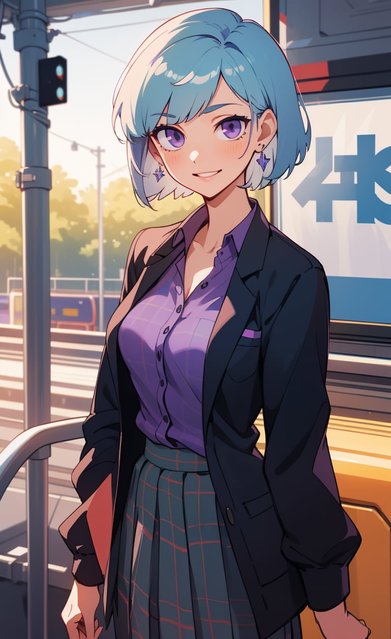 1girl, solo, light blue hair, short blue hair, pixie cut, purple eyes, sweet smile, waiting at train station, office attire, collared purple shirt, plaid skirt, black business jacket, cowboy shot, plain shirt, mature female, womanly beauty, earrings, adult female, mature woman, medium breasts, nacklace, collarbone, 