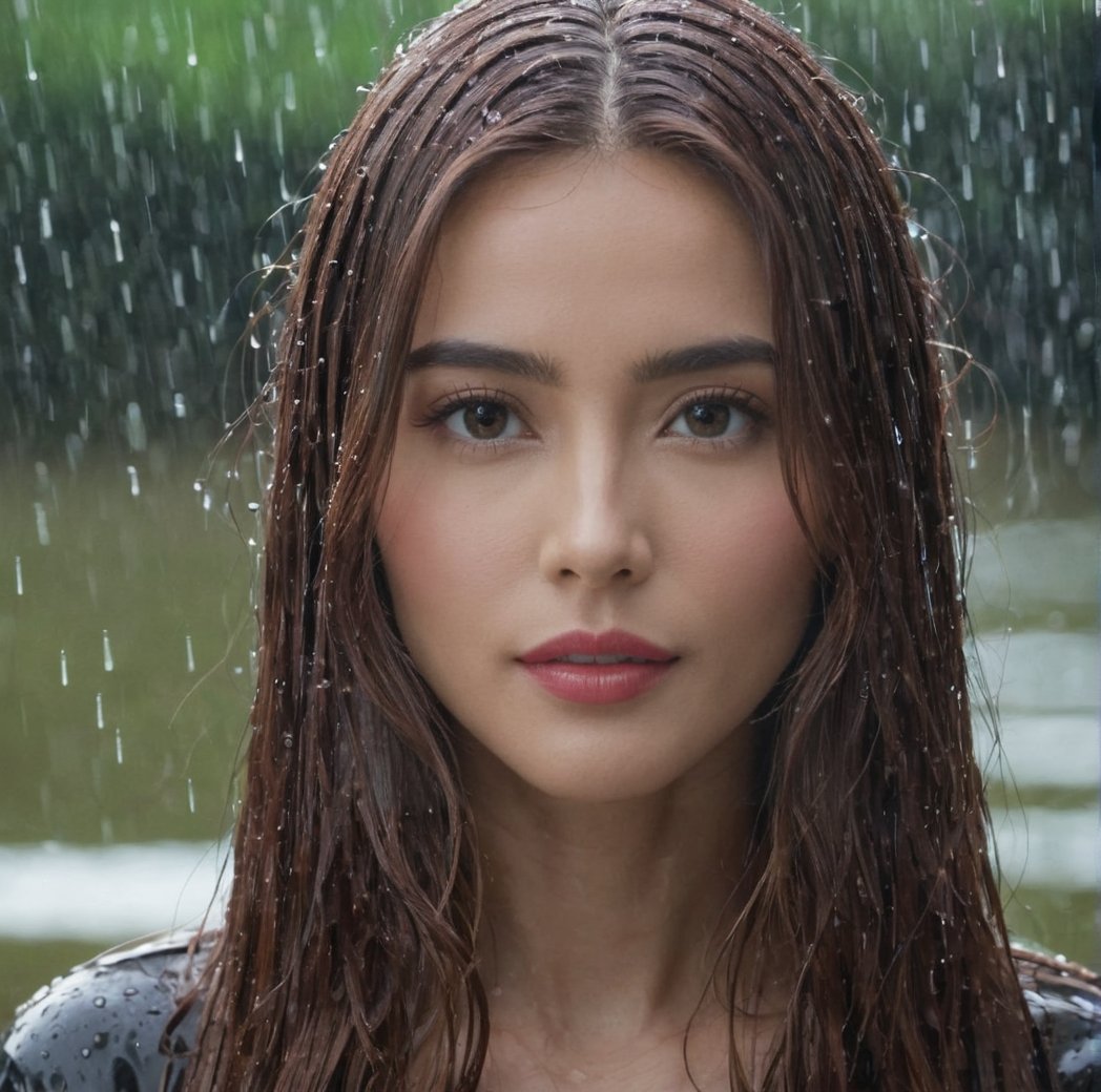 1girl, solo, long hair, looking at viewer, brown hair, parted lips, blurry, lips, wet, portrait, rain, water drop, animification