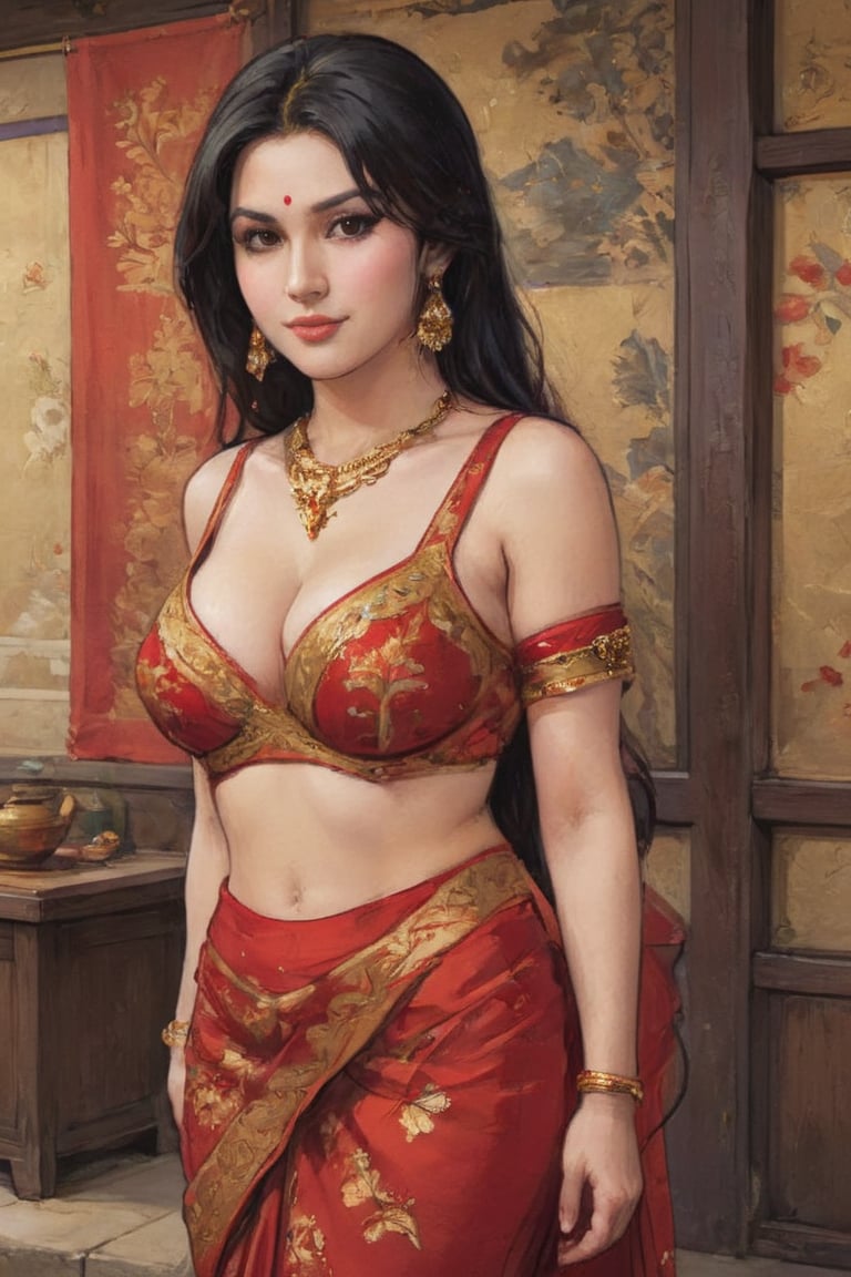 The image shows a woman with long, dark hair wearing a red and gold embroidered dress or sari. She has a warm, very big boobs, friendly expression on her face and is posing for the camera.milf,  huge breat, The background appears to be a simple, neutral setting, anime style 