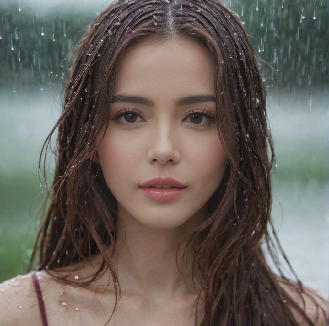 1girl, solo, long hair, looking at viewer, brown hair, parted lips, blurry, lips, wet, portrait, rain, water drop, animification