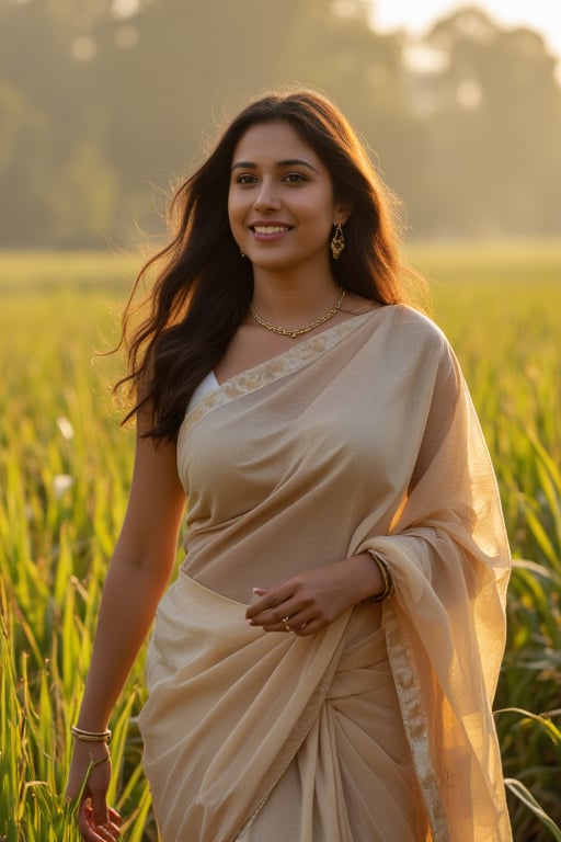 A photorealistic portrait of a 45-year-old Indian woman radiates confidence with her long, flowing hair, curvy figure, and ample cleavage visible in a modern blouse and saree outfit. The focus is on her beautiful face and full body shot, emphasizing her charming smile and approachable expression. The image should be high detailed, emphasizing the soft, golden-hour sunlight illuminating her as she confidently reveals a leg and walks down a bustling Indian crop land.