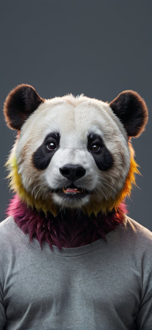 create a human with panda head, grey background, perfect lighting, colourful.,Movie Still,detailmaster2