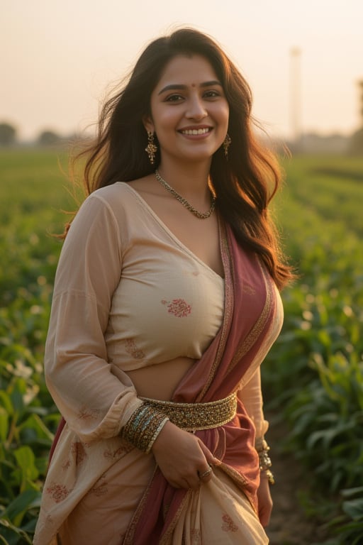 A photorealistic portrait of a 45-year-old Indian woman radiates confidence with her long, flowing hair, curvy figure, and ample cleavage visible in a modern blouse and saree outfit. The focus is on her beautiful face and full body shot, emphasizing her charming smile and approachable expression. The image should be high detailed, emphasizing the soft, golden-hour sunlight illuminating her as she confidently reveals a leg and walks down a bustling Indian crop land.