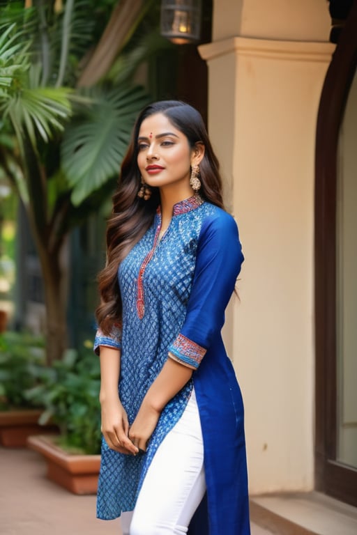 photo of a Indian woman stuns with her beautiful face, (),  long braided hair,, well-defined arms.  adorned in blue printed kurta and white pants, style,action shot