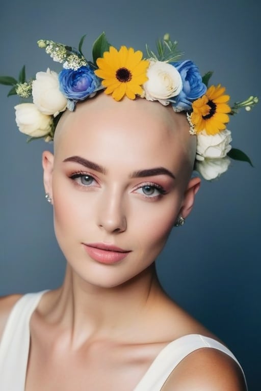 photo of a bald head girl, with a flower crown on head, beautiful face, full body, head to leg, show full body, 