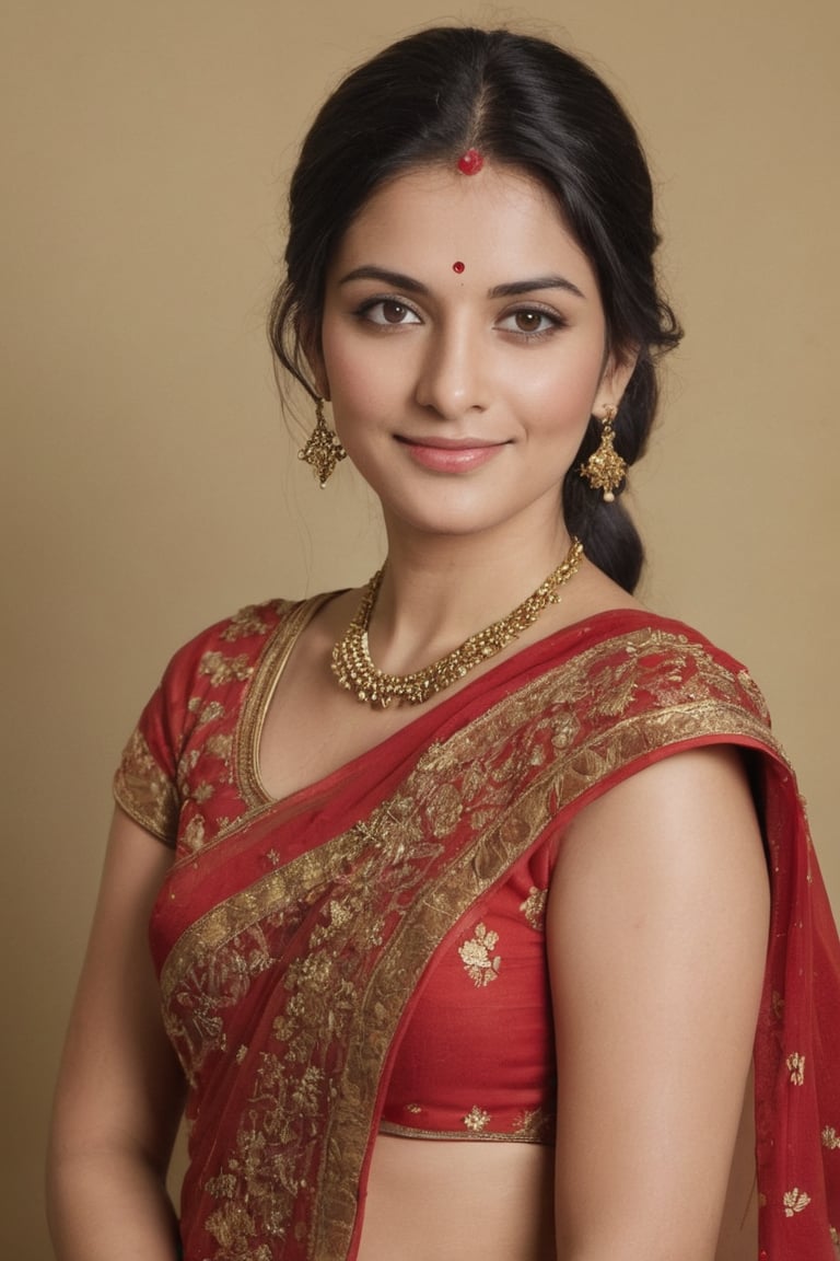 The image shows a woman with long, dark hair wearing a red and gold embroidered dress or sari. She has a warm, friendly expression on her face and is posing for the camera. The background appears to be a simple, neutral setting