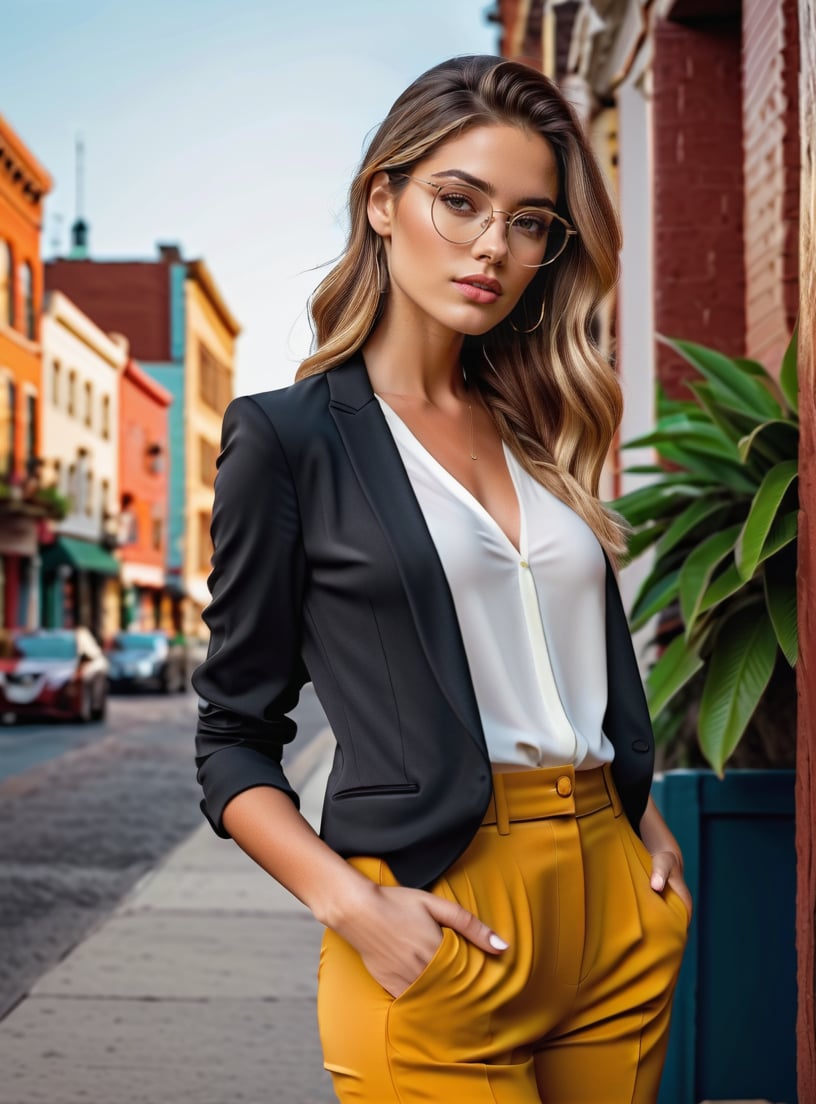 A photorealistic portrait of a 25-year-old American woman stands confidently with a curious expression, showcasing her beautiful features and 5.9 feet tall stature. She wears stylish capri pants and a crisp white top, complemented by a casual shirt draped over her shoulder. A bag on her back, and round glasses sit playfully on her head. The scene is set in a vibrant urban environment, illuminated by the warm glow of sunset, capturing the essence of her youthful spirit in high detail, 8k hdr quality."