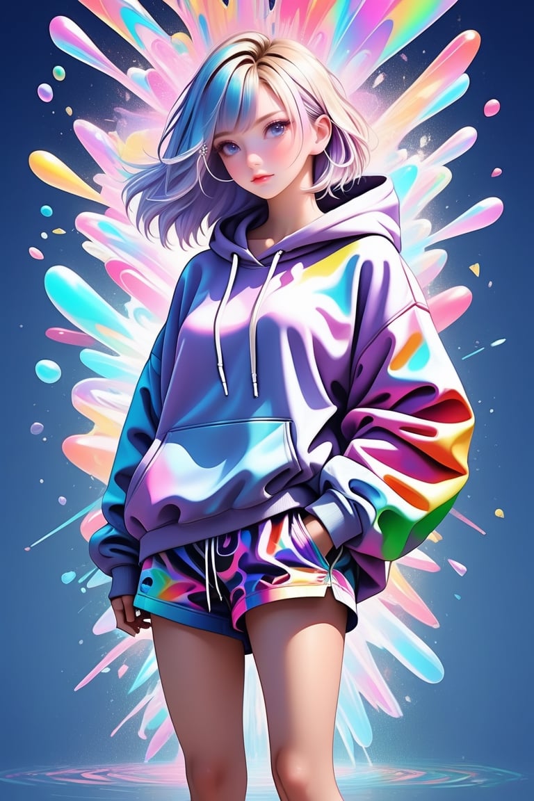 "Breathtakingly beautiful woman wearing oversize brend hoodie, shorts and sneackers", zentangl background, ultra detailed clothes, surrealism, abstract, absurdes, symbolism, trending on youthful magazines, movie wallpaper, picture by Linnea Strid, Guy Aroch, Flora Borsi, Stefan Gessel, Chuck Close,colorful