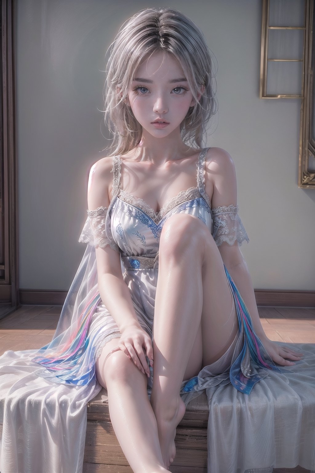 A 20-year-old Taiwanese girl, real face, elegant tulle lace dress, waving colorful luminous feather fractal patterns in her hands, no shoes and bare feet, beautiful posture, super high quality, delicate light and shadow, watercolor, extremely luminous bright design , soft colors, 3D rendering, ultra-wide angle view, 8K
