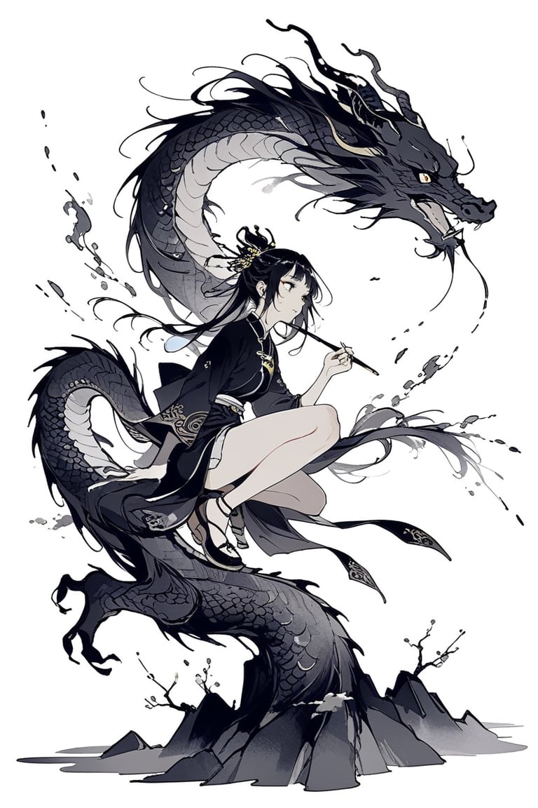 oriental dragon,ink painting,1girl,
masterpiece, best quality,aesthetic,