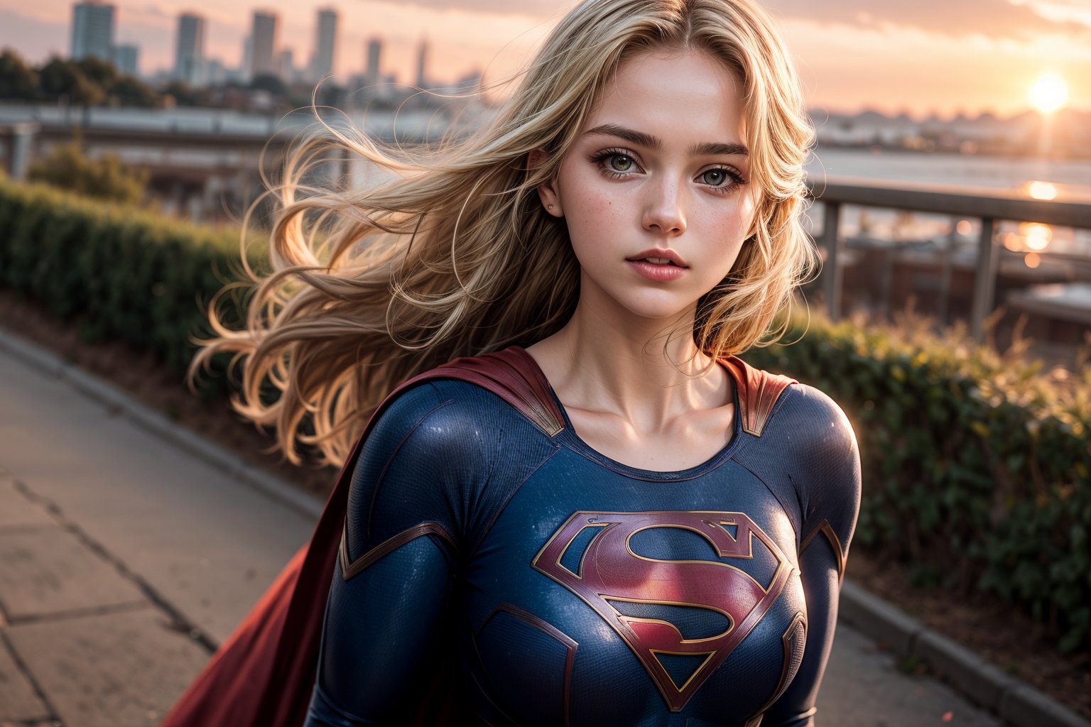 raw photo, (Supergirl), fashion photography of cute light blonde long hair girl (Supergirl), 1girl, solo, curvy body, dressing high detailed Supergirl suit, (high resolution textures), in dynamic pose, (random background), depth of field, detailed, sunset light passing through hair, perfect sunset,losspgirl