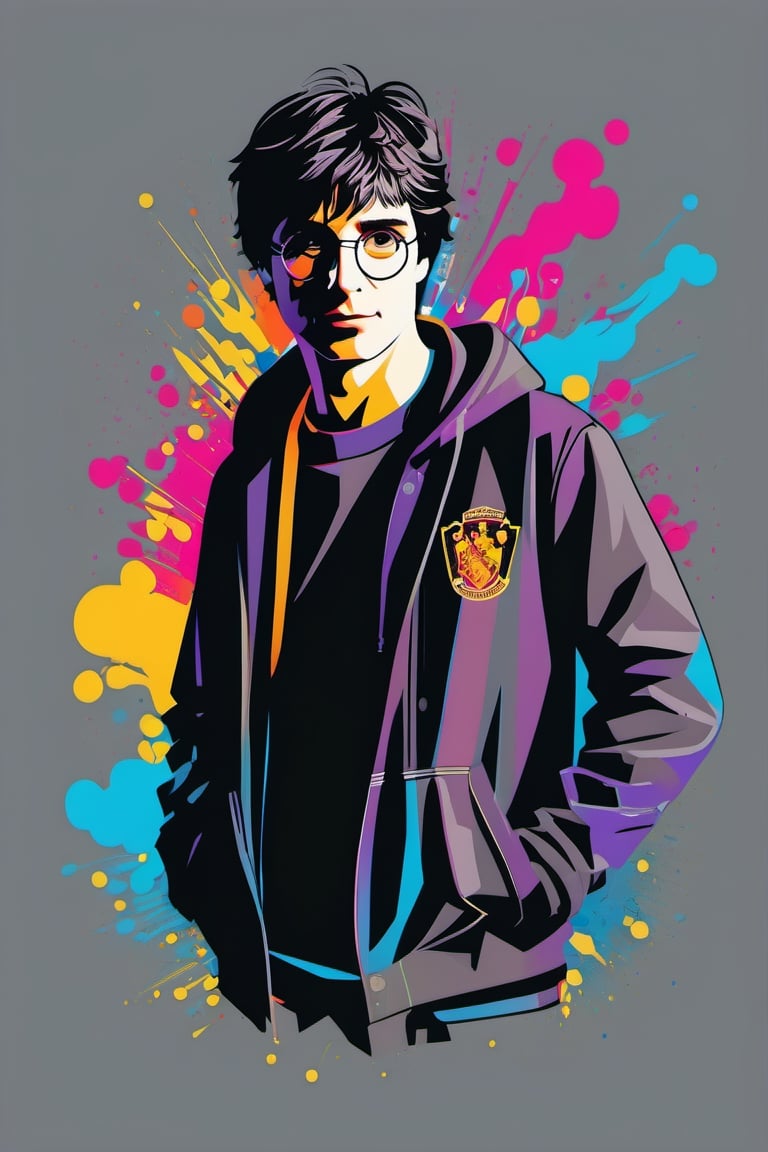 vectorArt, illustration, graphic design t shirt, flat design, harry potter, london street, colorful tones, highly detailed clean, vector image, professional photography, smoke explosion, simple background, flat black background , shiny vector ((black background))