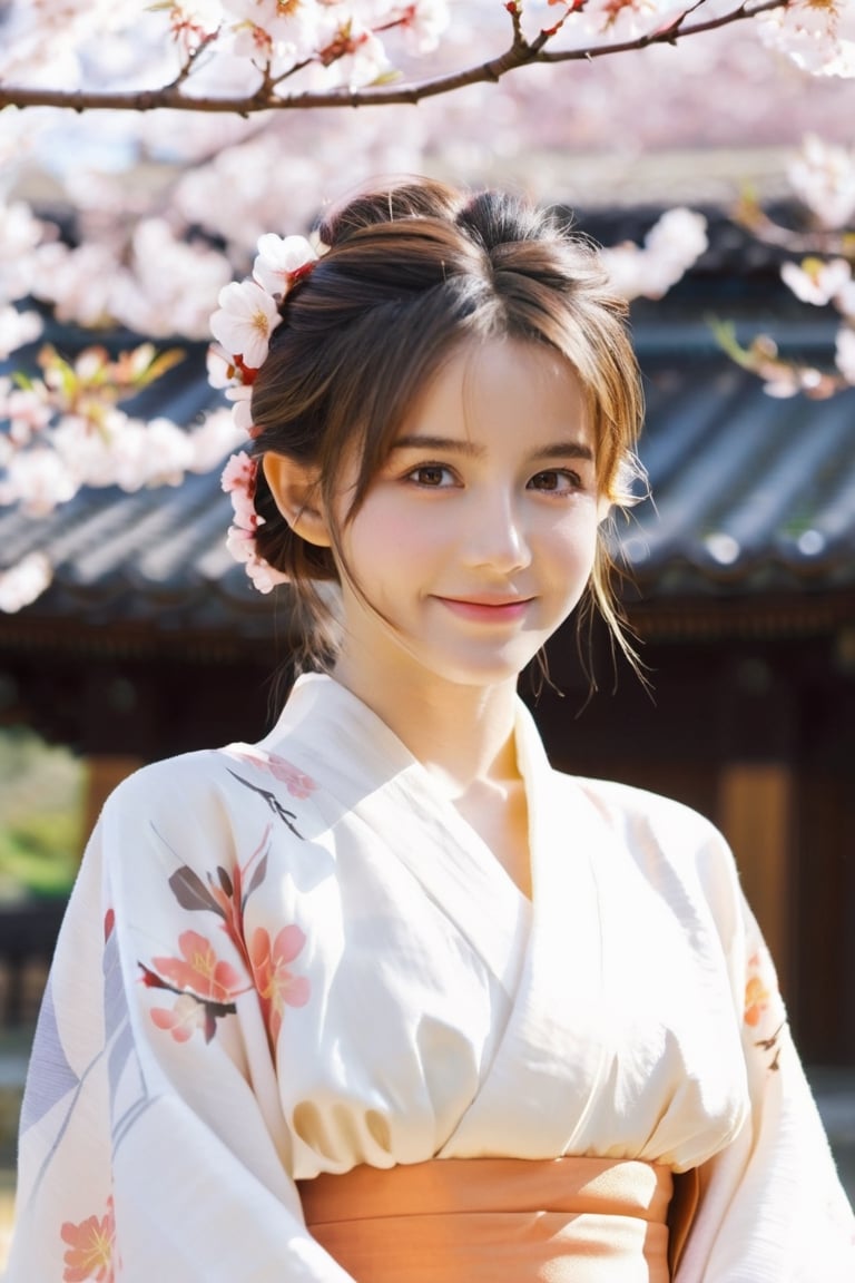 (extremely detailed 8k),(DSLR quality),
(Matsushima Nanako:0.8),(Emma Watson:0.8),(18 years old:1.2),happy smile,(false eyelashes:0.75),ear,long hair,brown hair, put hair up, 
A graceful woman in a plain yet elegant silk kimono, standing amidst the ancient temples and shrines of Nara, Japan, surrounded by cherry blossom trees in full bloom, warm golden hour lighting, highly detailed 8k resolution, photorealistic,
vibrant yet soft natural lighting, glamorous photoshoot atmosphere
