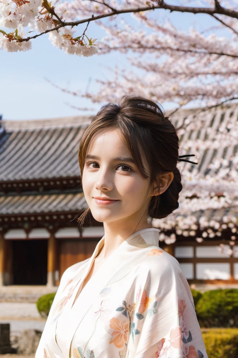 (extremely detailed 8k),(DSLR quality),
(Matsushima Nanako:0.8),(Emma Watson:0.85),(18 years old:1.2),happy smile,(false eyelashes:0.75),ear,long hair,brown hair, put hair up, 
((A graceful woman in a plain yet elegant silk kimono, standing amidst the ancient temples and shrines of Nara, Japan, surrounded by cherry blossom trees in full bloom, warm golden hour lighting, highly detailed 8k resolution, photorealistic):0.7),
vibrant yet soft natural lighting, glamorous photoshoot atmosphere
,more detail XL