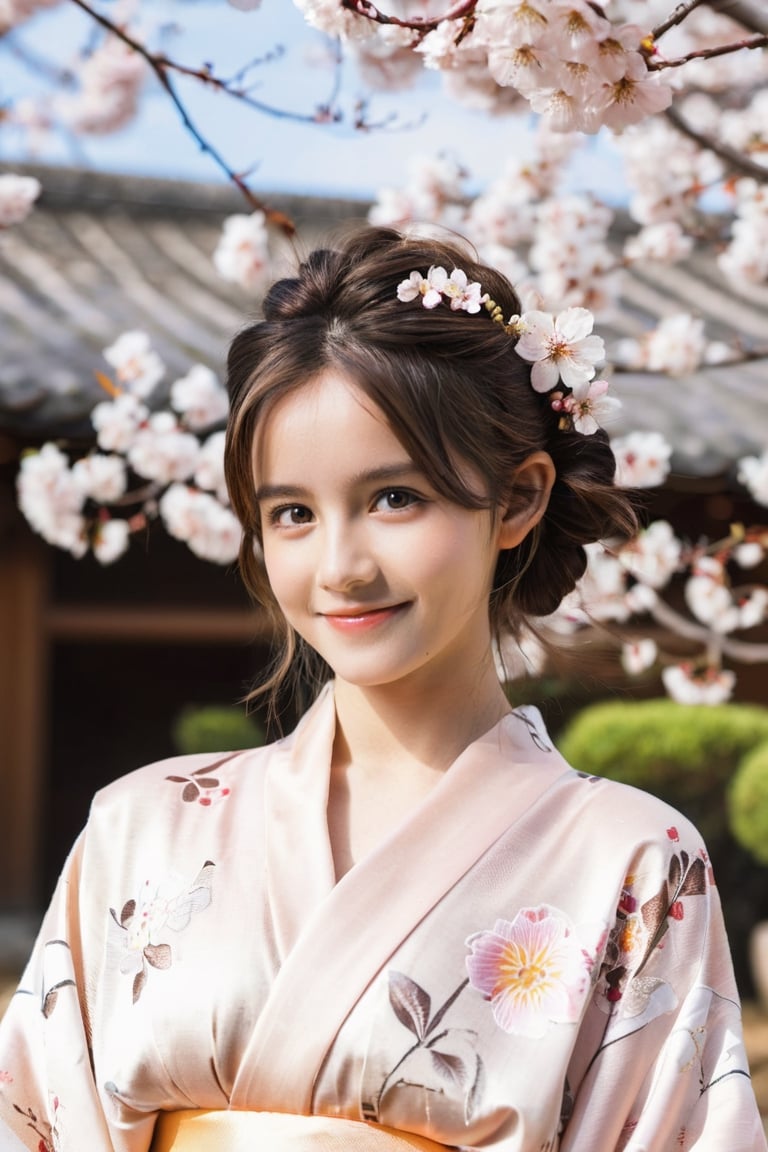 (extremely detailed 8k),(DSLR quality),
(Matsushima Nanako:0.8),(Emma Watson:0.8),(18 years old:1.2),happy smile,(false eyelashes:0.75),ear,long hair,brown hair, put hair up, 
((A graceful woman in a plain yet elegant silk kimono, standing amidst the ancient temples and shrines of Nara, Japan, surrounded by cherry blossom trees in full bloom, warm golden hour lighting, highly detailed 8k resolution, photorealistic):0.7),
vibrant yet soft natural lighting, glamorous photoshoot atmosphere
,more detail XL