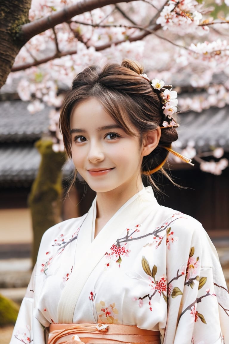 (extremely detailed 8k),(DSLR quality),
(Matsushima Nanako:0.8),(Emma Watson:0.8),(18 years old:1.2),happy smile,(false eyelashes:0.75),ear,long hair,brown hair, put hair up, 
((A graceful woman in a plain yet elegant silk kimono, standing amidst the ancient temples and shrines of Nara, Japan, surrounded by cherry blossom trees in full bloom, warm golden hour lighting, highly detailed 8k resolution, photorealistic):0.7),
vibrant yet soft natural lighting, glamorous photoshoot atmosphere
,more detail XL