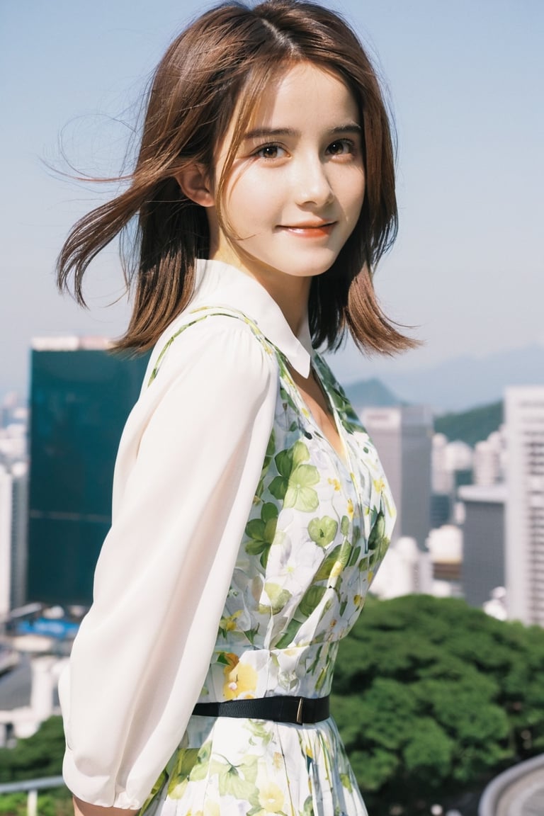 (extremely detailed 8k),(DSLR quality),
(Matsushima Nanako:0.7),(Emma Watson:0.95),(18 years old:1.2),happy smile,(false eyelashes:0.75),ear,long hair,brown hair, put hair up, (big breasts:0.9),look at the viewer,
((A fashionable young woman wearing a stylish outfit, standing against the backdrop of the iconic skyline of Tokyo, Japan. She has long brown hair, bright green eyes, and a warm, friendly expression. The outfit consists of a fitted white blouse, a flowing midi skirt in a vibrant floral print, and a pair of strappy high-heel sandals. The scene is set in a picturesque public plaza, with the towering skyscrapers of the Shinjuku district visible in the distance.):0.7),