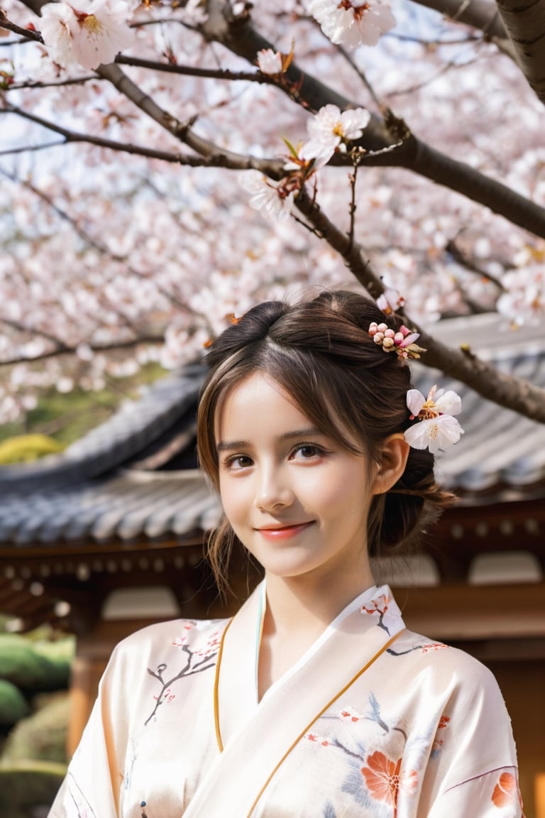 (extremely detailed 8k),(DSLR quality),
(Matsushima Nanako:0.8),(Emma Watson:0.8),(18 years old:1.2),happy smile,(false eyelashes:0.75),ear,long hair,brown hair, put hair up, 
A graceful woman in a plain yet elegant silk kimono, standing amidst the ancient temples and shrines of Nara, Japan, surrounded by cherry blossom trees in full bloom, warm golden hour lighting, highly detailed 8k resolution, photorealistic,
vibrant yet soft natural lighting, glamorous photoshoot atmosphere
,more detail XL