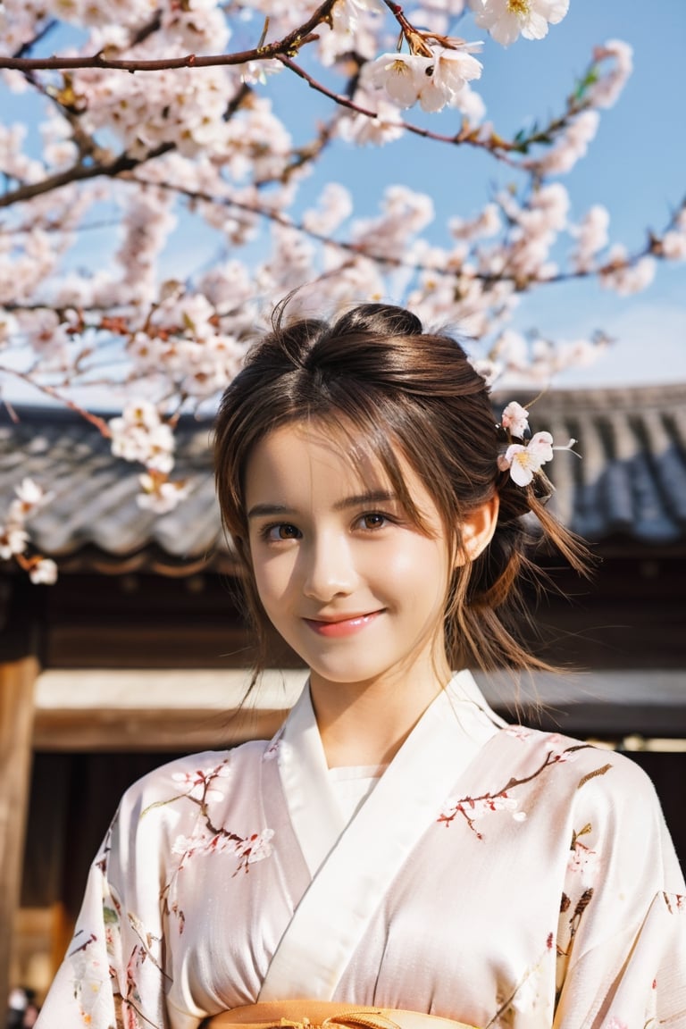 (extremely detailed 8k),(DSLR quality),
(Matsushima Nanako:0.8),(Emma Watson:0.8),(18 years old:1.2),happy smile,(false eyelashes:0.75),ear,long hair,brown hair, put hair up, 
((A graceful woman in a plain yet elegant silk kimono, standing amidst the ancient temples and shrines of Nara, Japan, surrounded by cherry blossom trees in full bloom, warm golden hour lighting, highly detailed 8k resolution, photorealistic):0.7),
vibrant yet soft natural lighting, glamorous photoshoot atmosphere
,more detail XL