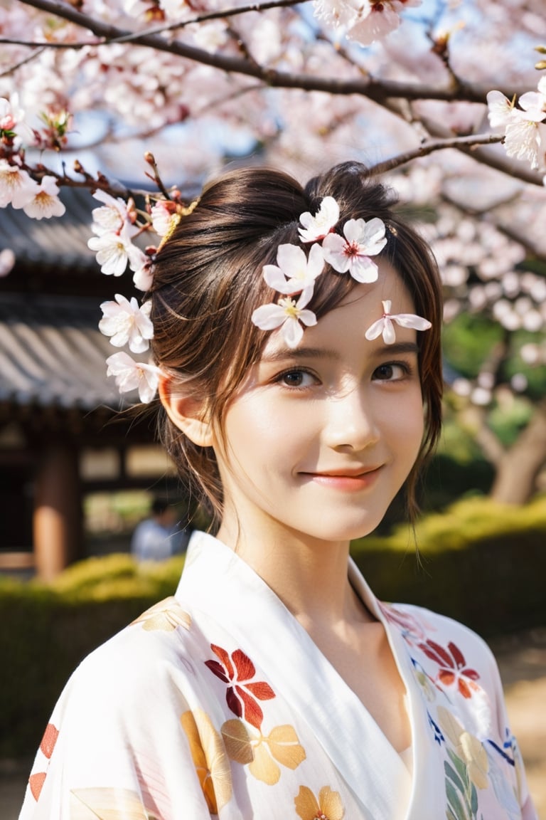 (extremely detailed 8k),(DSLR quality),
(Matsushima Nanako:0.8),(Emma Watson:0.8),(18 years old:1.2),happy smile,(false eyelashes:0.75),ear,long hair,brown hair, put hair up, 
((A graceful woman in a plain yet elegant silk kimono, standing amidst the ancient temples and shrines of Nara, Japan, surrounded by cherry blossom trees in full bloom, warm golden hour lighting, highly detailed 8k resolution, photorealistic):0.7),
vibrant yet soft natural lighting, glamorous photoshoot atmosphere
,more detail XL