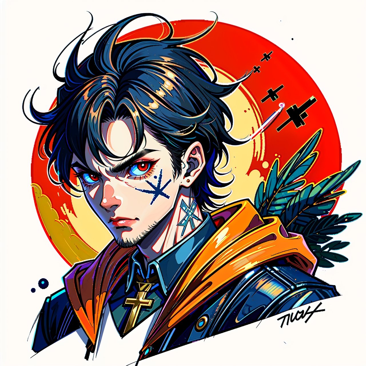 A Portrait of handsome man wearing a orange suit, mullet style hair, 17 years old age, thin beards, dark lightning, low light, highly detailed 10k, angry expression, cross tattoo , glowing red eyes, owl, full moon, blood spots on face, 