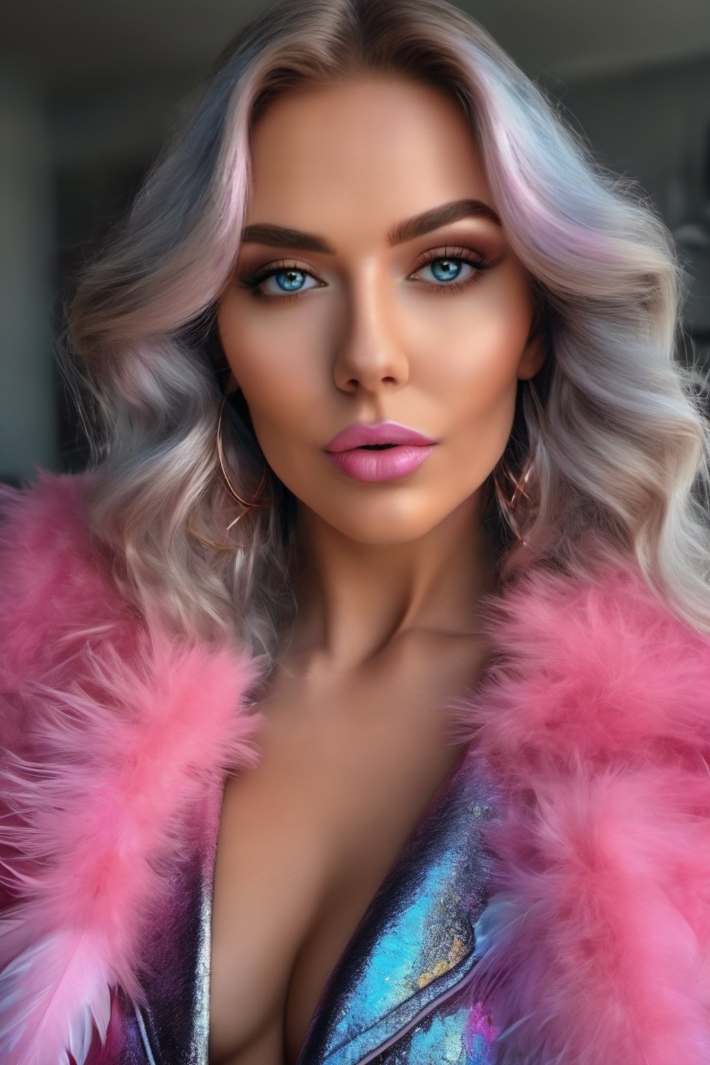 ((extremely realistic photo)), professional photo, beautiful and aesthetic, The image features a beautiful woman in a close-up close-up of bright gray eyes and cheerful, very strong blue eye pencil and gold eye shadow with a gradient to pink and glitter lipstick, with pink hair and a pink feather boa with a leather jacket looks directly at the camera, in the background you can see some out-of-focus lights, ((ultra sharp focus)), (realistic textures and skin:1.1), (realistic and perfect gray eyes:1.1), ((perfect design of hands and fingers)), aesthetic. masterpiece, pure perfection, high definition
((best quality, masterpiece, detailed)), ultra high resolution, hdr, art, high detail, add more detail, (extreme and intricate details), ((raw photo, 64k:1.37)), ((sharp focus:1.2)), (muted colors, dim colors, soothing tones ), siena natural ratio, ((more detail xl)),more detail XL,detailmaster2,Enhanced All,photo r3al,masterpiece