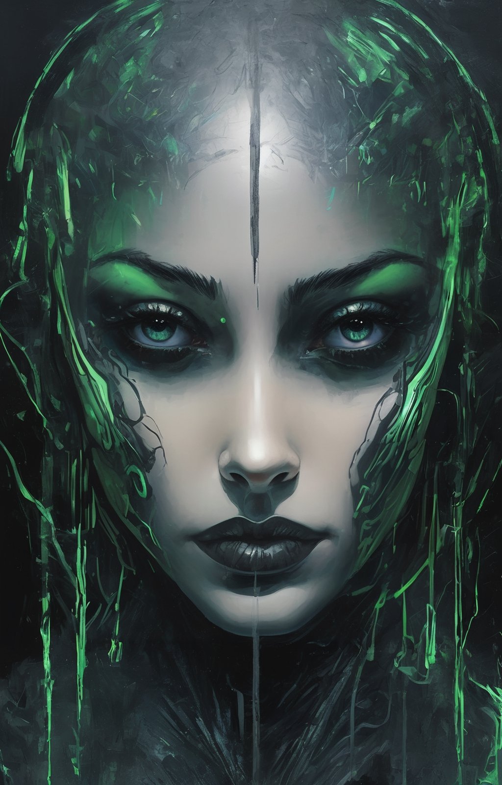 creepy Cyberpunk artwork inspired by Jack Skellington from The Nightmare Before Christmas,  set in a futuristic fashion cyberpunk universe. Sexy,  Emphasize her seductive allure,  beautiful face,  perfect eyes,  perfect nose shape,  perfect lips,  perfect hands,  vibrant green foliage,  neon-lit cityscape,  and intricate cybernetic enhancements. Capture the essence of danger and allure in this cyberpunk masterpiece.,  cyberpunk style