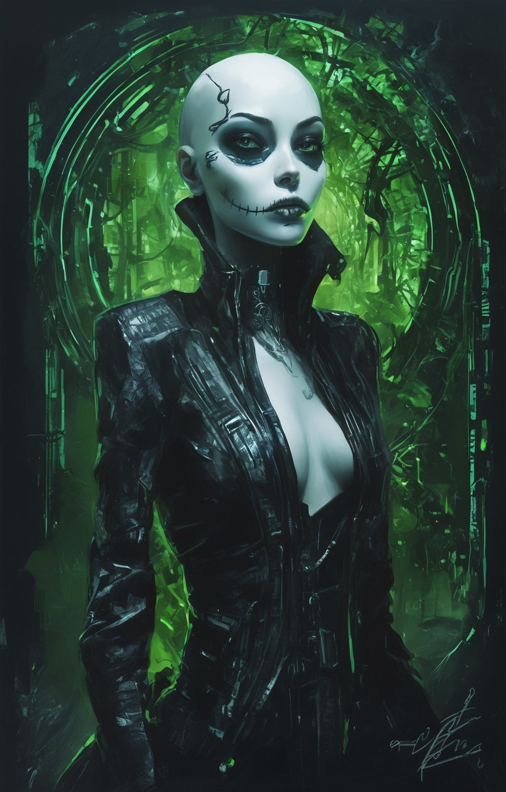 creepy Cyberpunk artwork inspired by Jack Skellington from The Nightmare Before Christmas,  set in a futuristic fashion cyberpunk universe. Sexy,  Emphasize her seductive allure,  beautiful face,  perfect eyes,  perfect nose shape,  perfect lips,  perfect hands,  vibrant green foliage,  neon-lit cityscape,  and intricate cybernetic enhancements. Capture the essence of danger and allure in this cyberpunk masterpiece.,  cyberpunk style