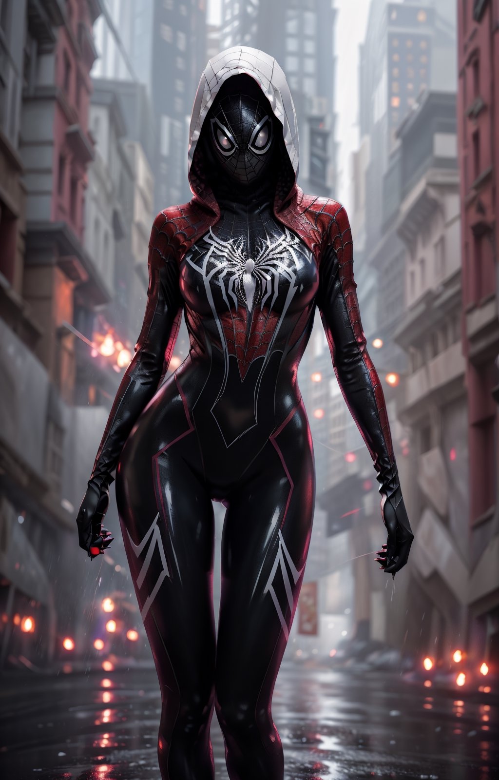 Spider Gwen as a dominatress in a hoodie spider suit, full body, photo realistic, insane detail, 8k, rtx, octane render, graceful curves, cinematic lighting, high sharpness, high contrast.,gwen,Open_Lingerie , full body in picture , beautiful face