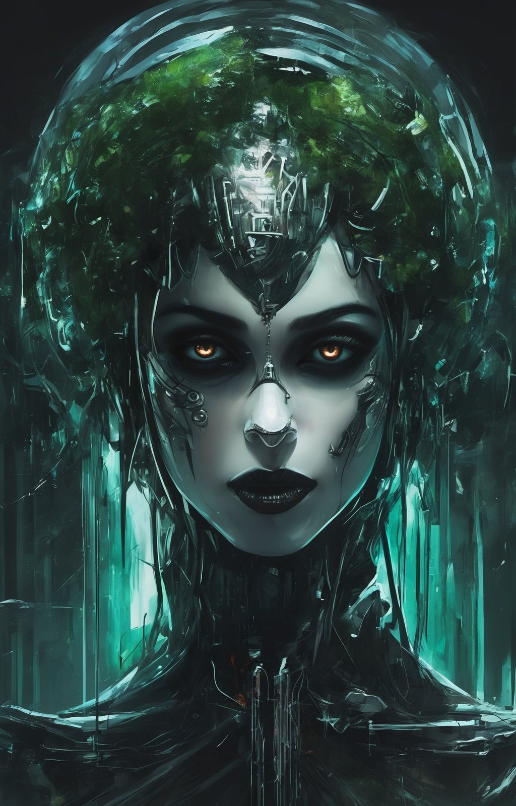 creepy Cyberpunk artwork inspired by Jack Skellington from The Nightmare Before Christmas,  set in a futuristic fashion cyberpunk universe. Sexy,  Emphasize her seductive allure,  beautiful face,  perfect eyes,  perfect nose shape,  perfect lips,  perfect hands,  vibrant green foliage,  neon-lit cityscape,  and intricate cybernetic enhancements. Capture the essence of danger and allure in this cyberpunk masterpiece.,  cyberpunk style,ghost person